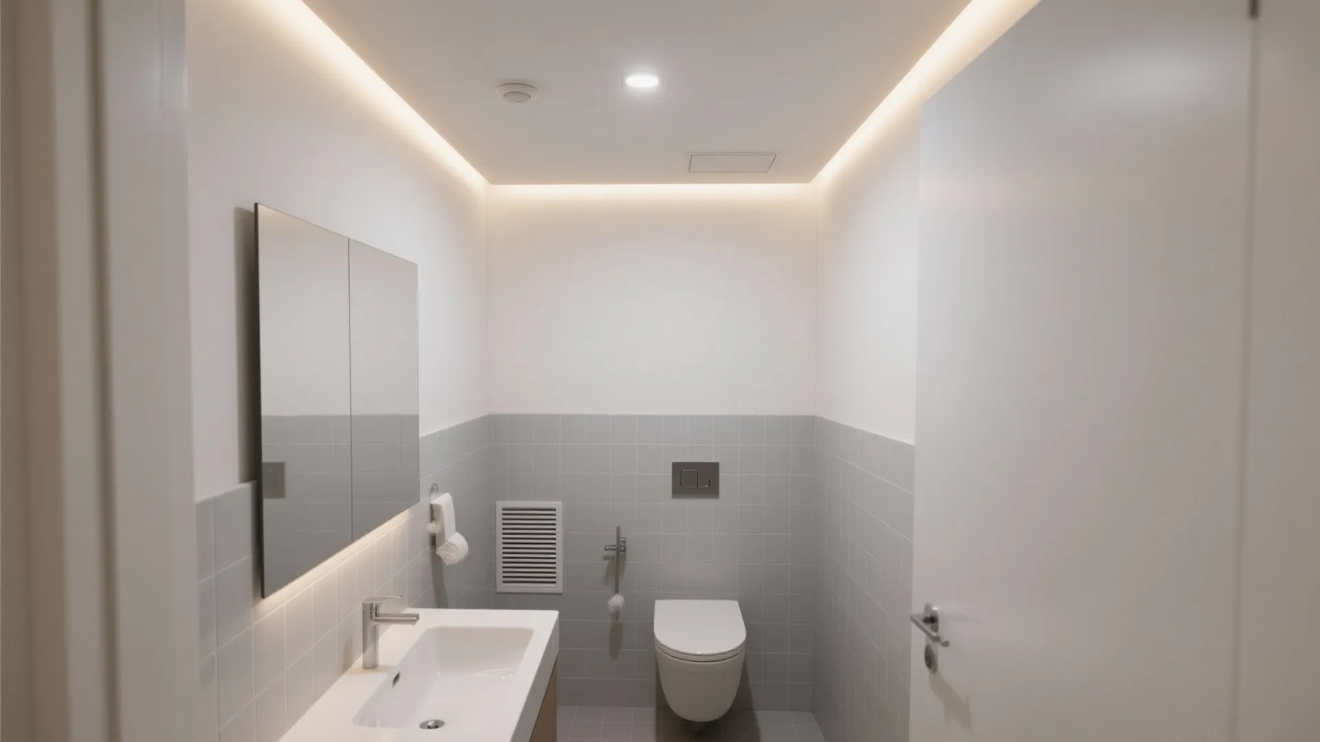 Modern white bathroom featuring hidden ceiling light strips wall toilet and a small white sink