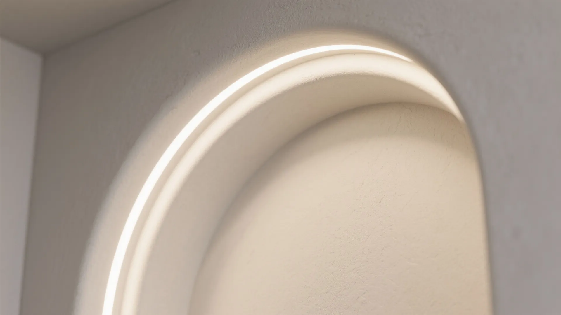 Close up view of a curved wall with hidden light strip showing a soft glow