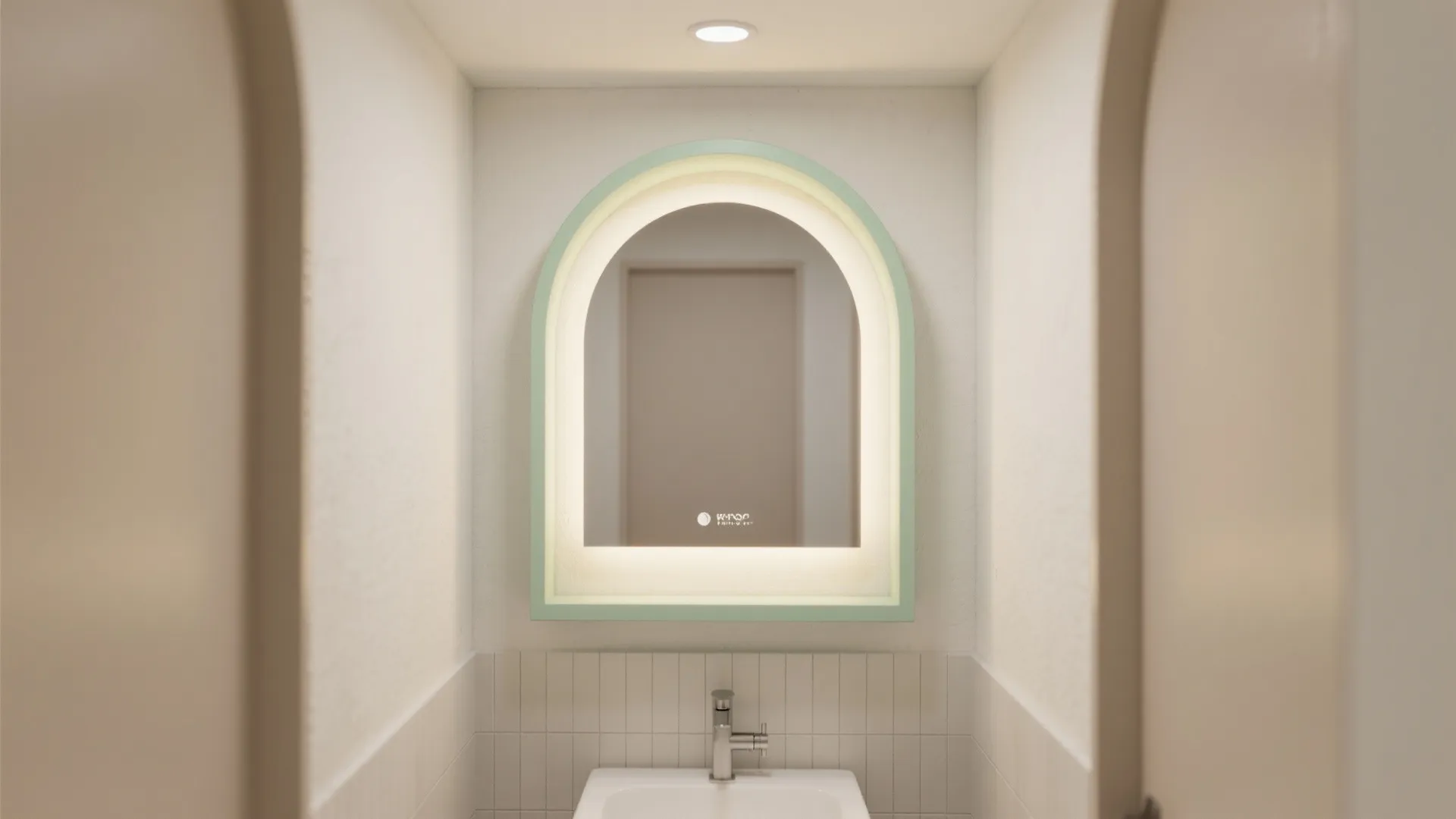 Arched bathroom mirror with light green frame and integrated light above a white wash basin