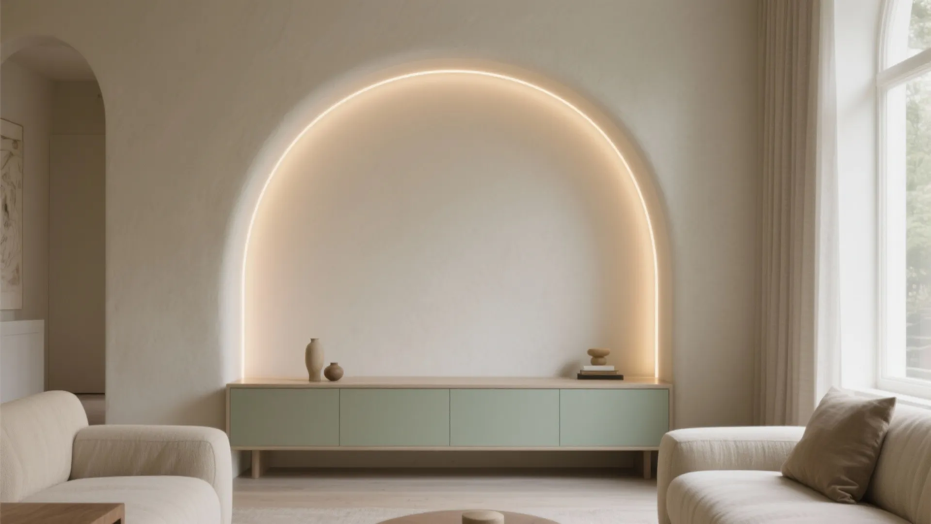 Minimalist living room featuring a large arched wall niche with light fixture and green cabinet