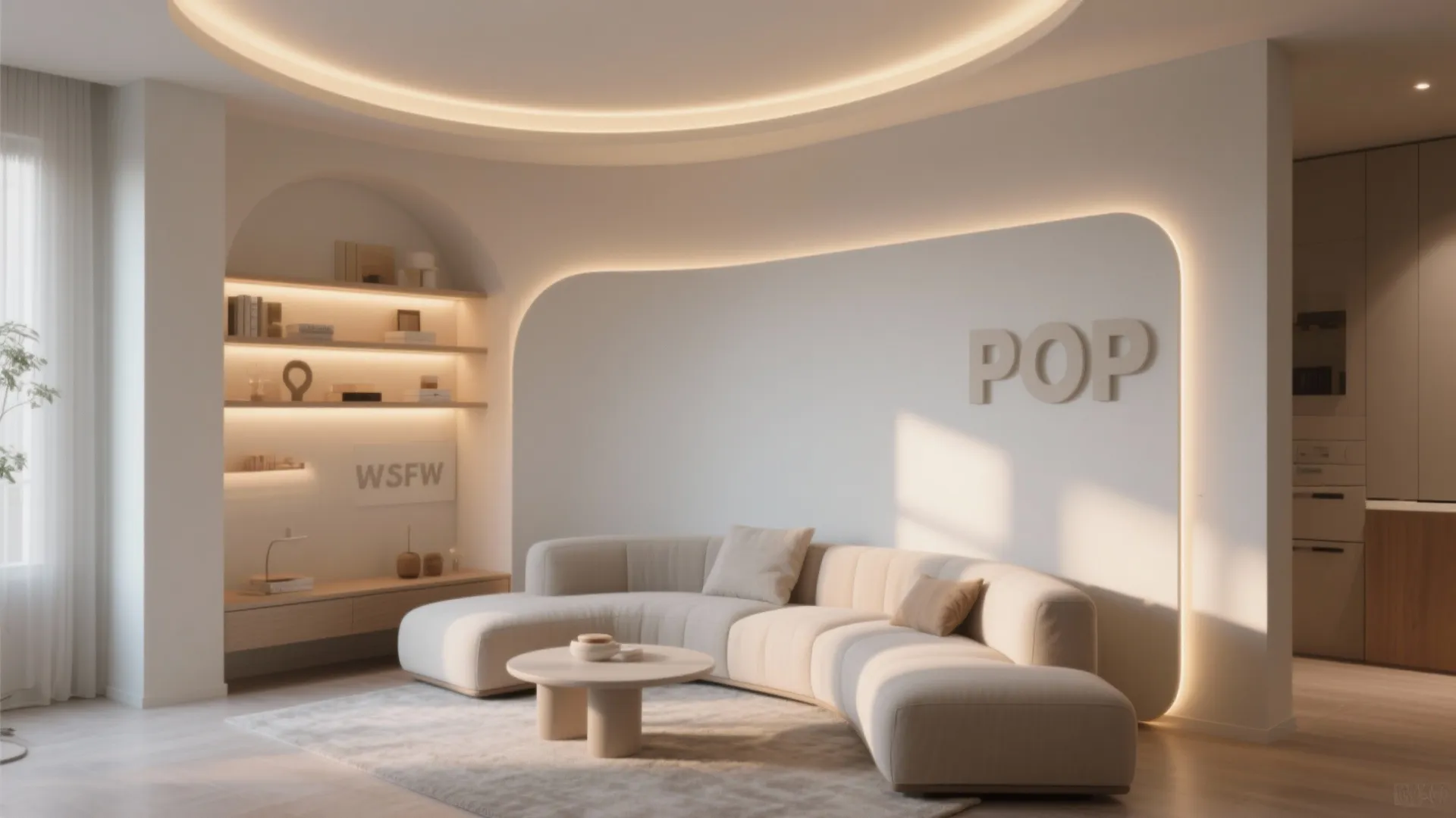 Minimalist living room with curved wall panel large white sofa round coffee table and warm lighting