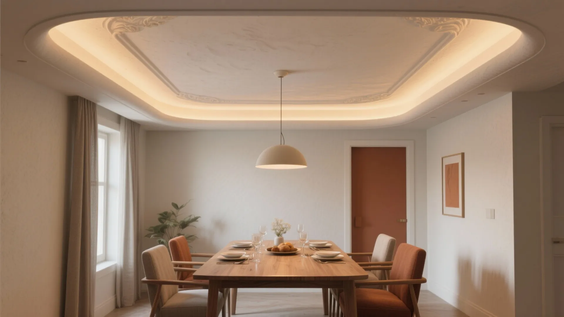 Warm dining room featuring wooden table colorful chairs white walls and soft indirect ceiling light