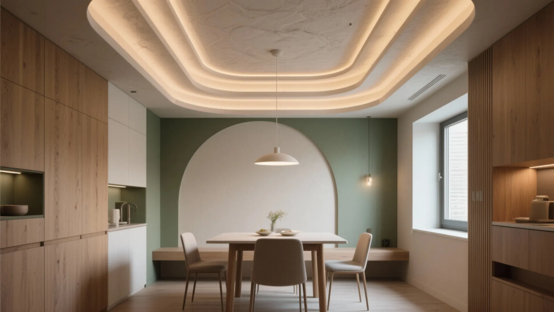 Modern dining room with green walls wooden table and unique layered warm glowing ceiling light design