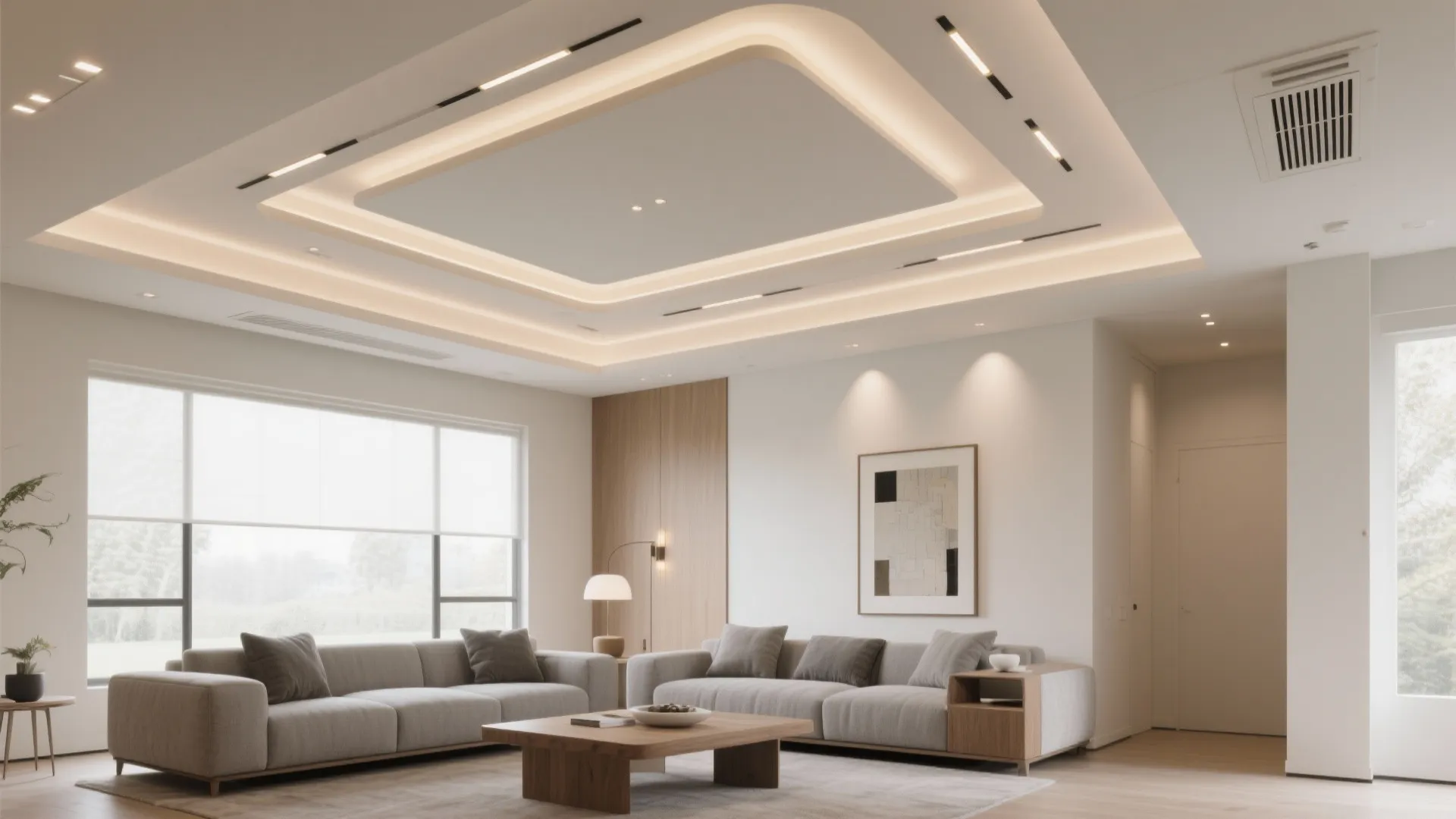 Modern bright living room featuring grey sofas wood coffee table and decorative false ceiling light
