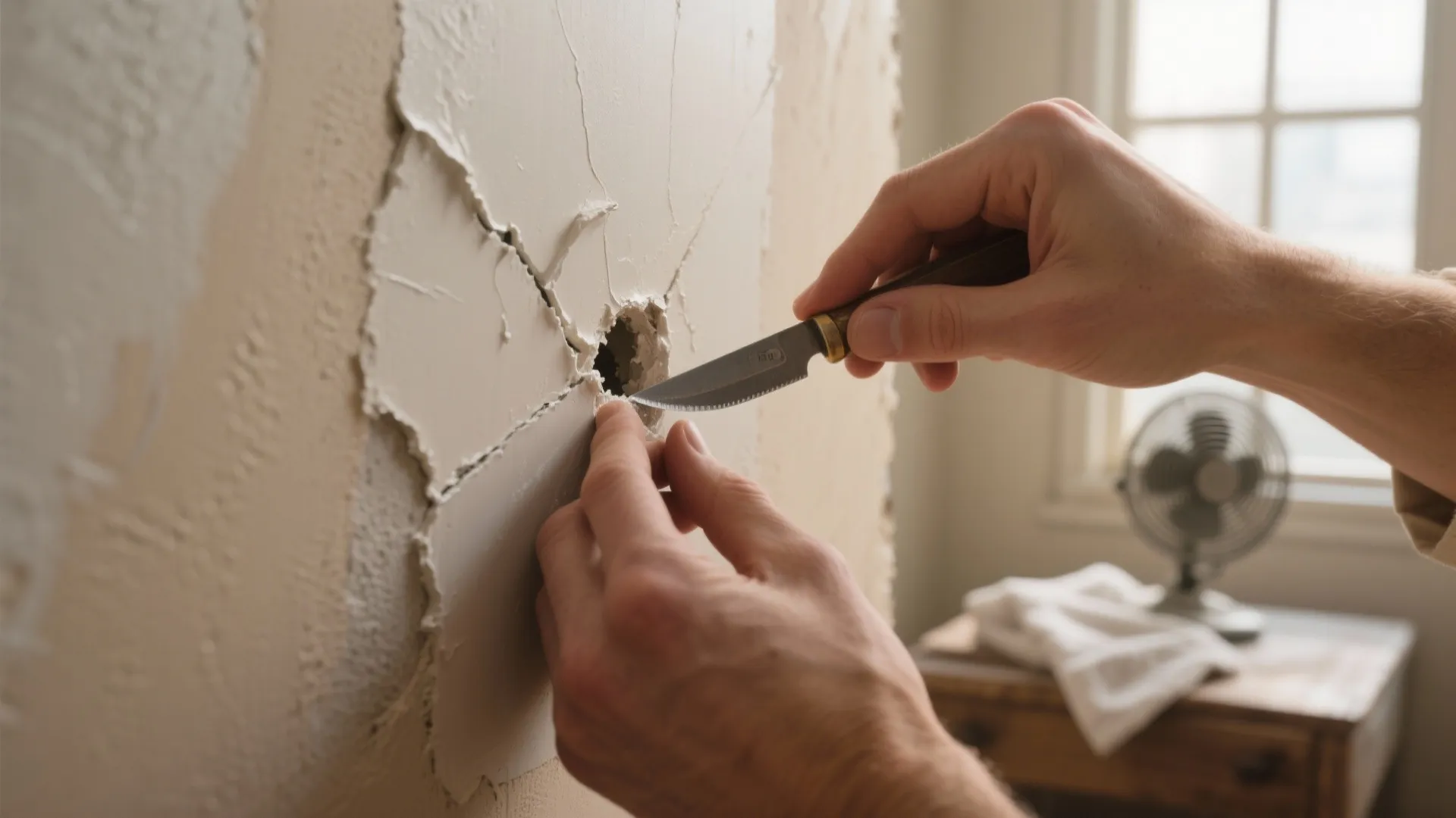 Close up of person using a small knife to repair a hole in white wall