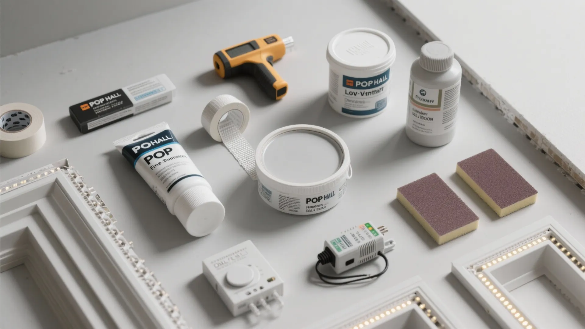 Variety of home renovation tools including paint cans tape glue sponges and a yellow heat gun