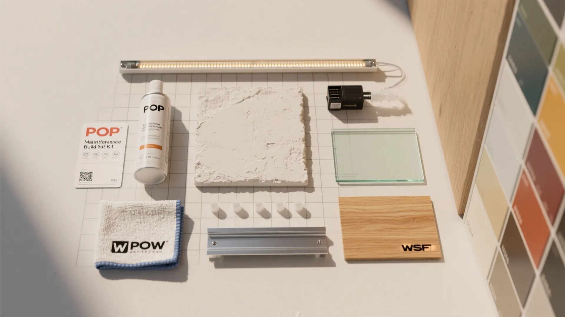 Various interior design material samples and maintenance kit items arranged on a white grid surface