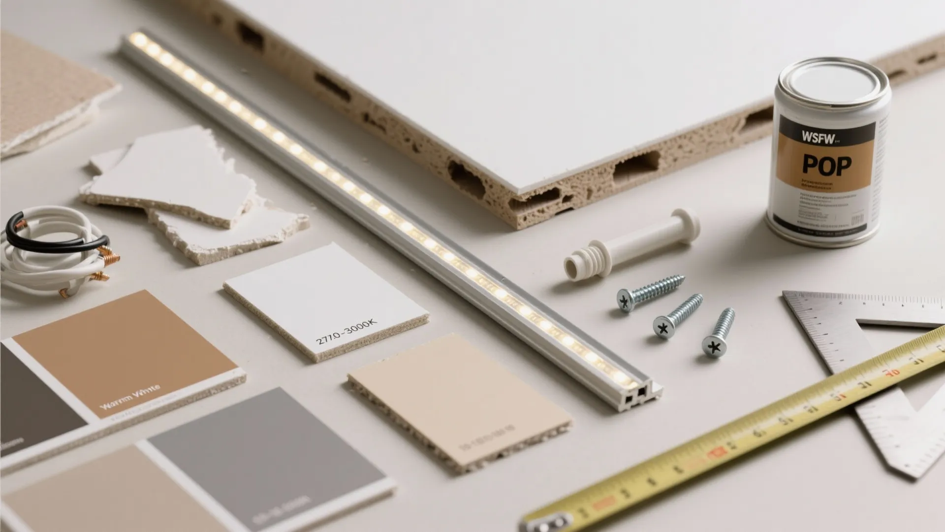 Home renovation tools including light strips, color samples, wood boards, screws, tape measure, and paint