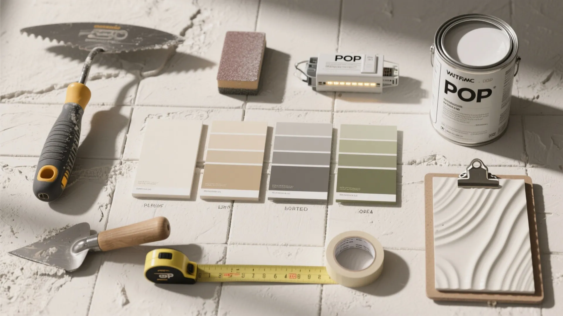 Home renovation tools including paint can color swatches tape measure and brushes on a floor