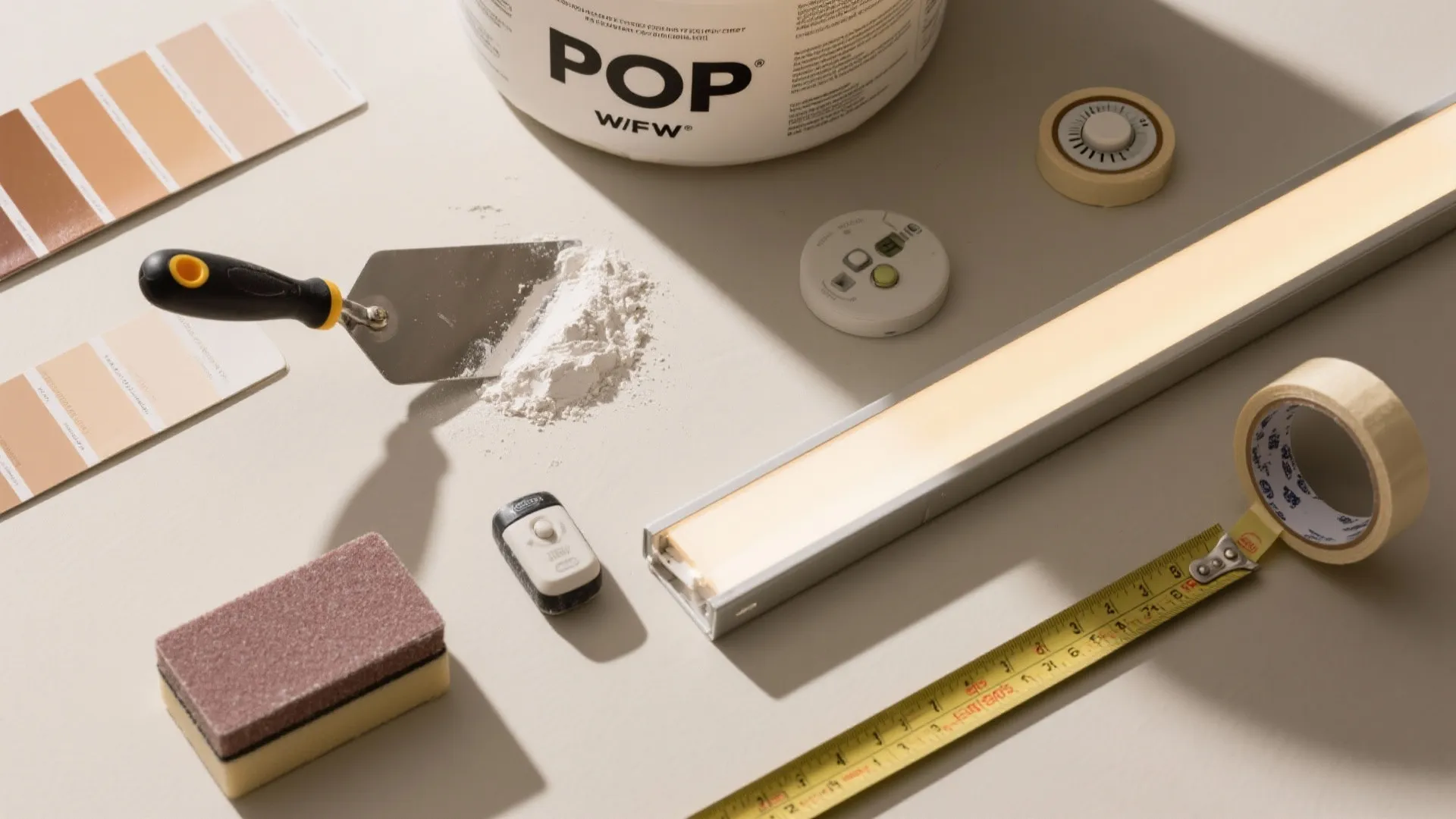 Flat lay of interior design tools including paint swatches a trowel tape measure and lights