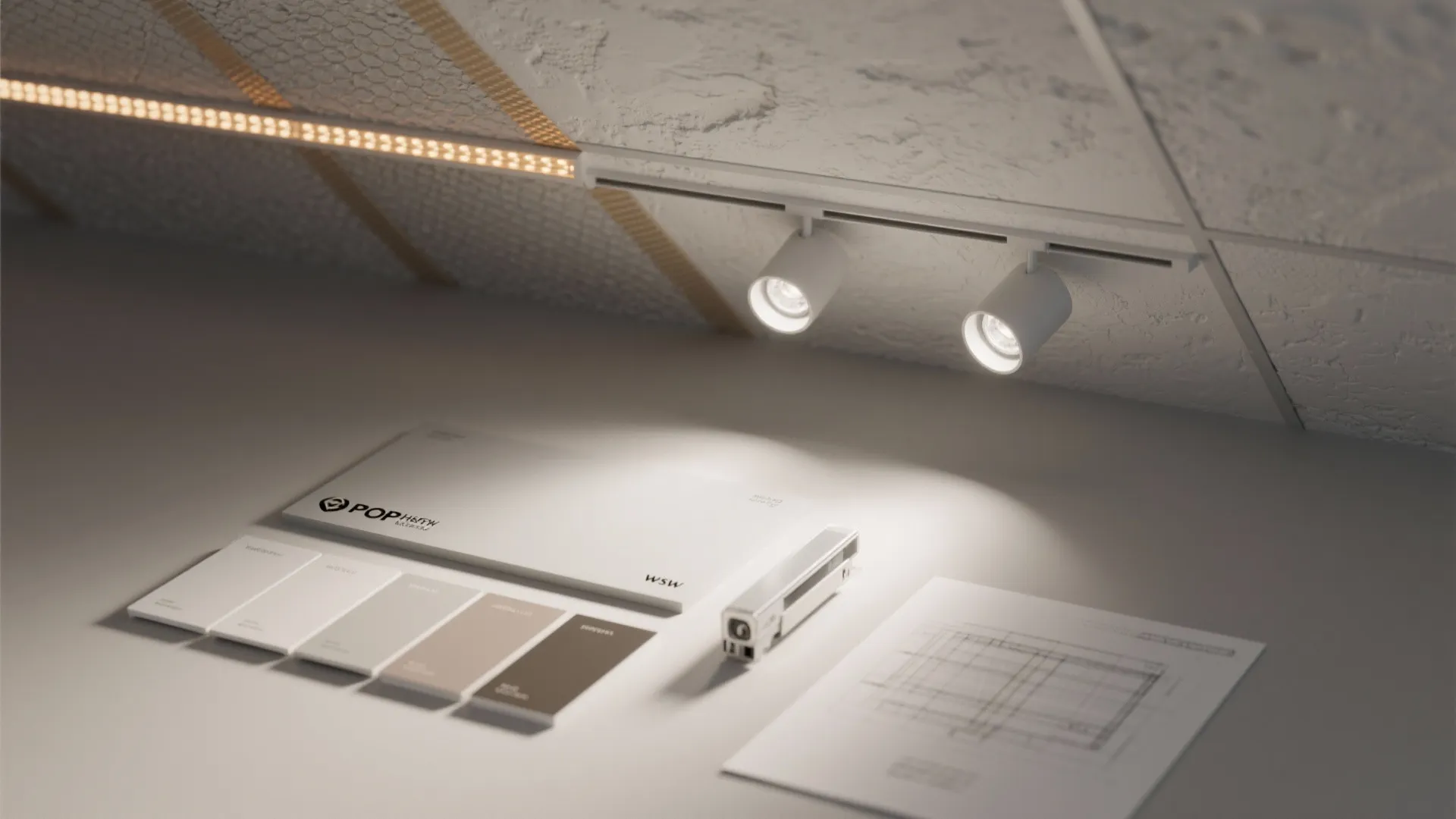 Modern ceiling light fixtures illuminating material samples and a floor plan on a white desk