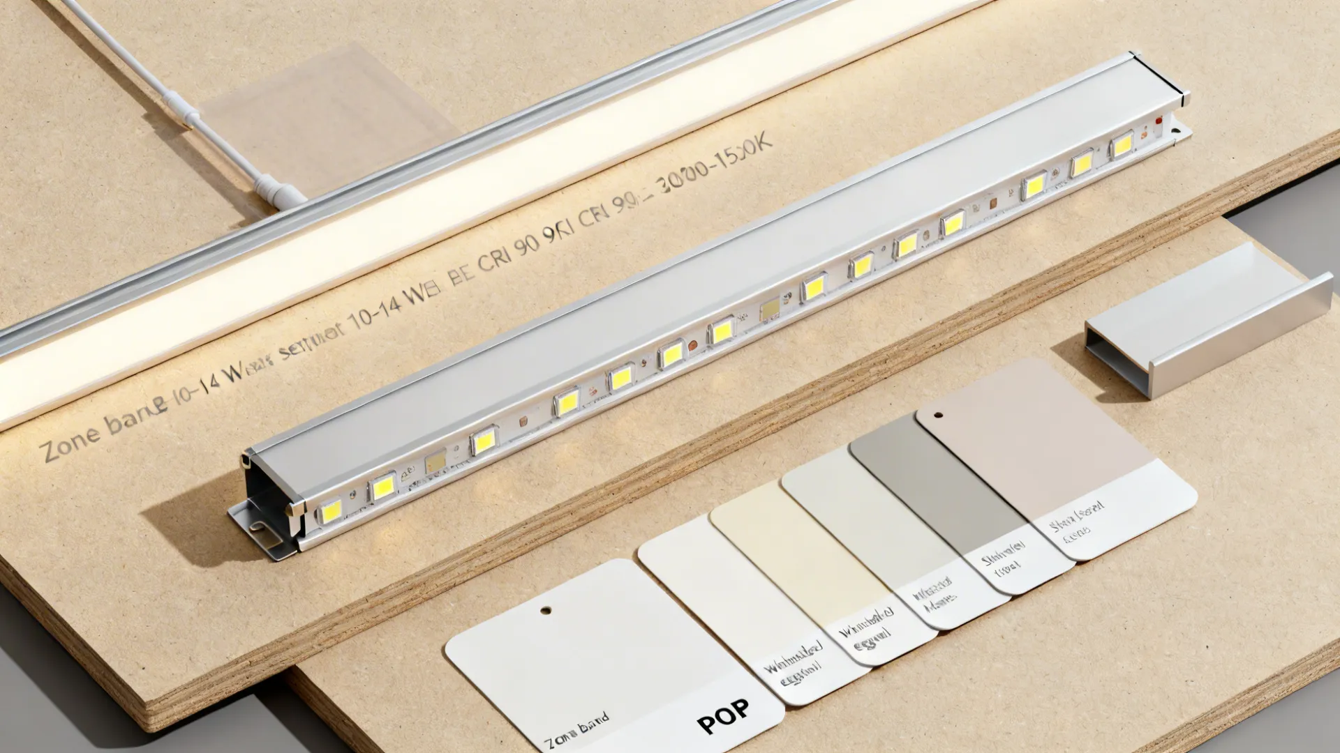 Flat lay of POP components and finishes including LED strip, aluminum channel, matte paint, and shallow shelf segment for small kitchens.