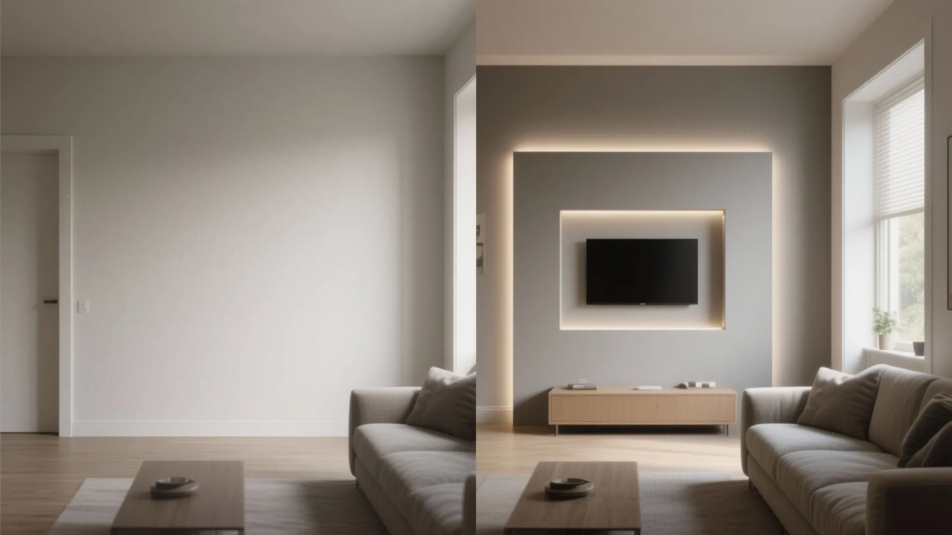 Before and after comparison showing empty white wall transformed into modern grey television wall design