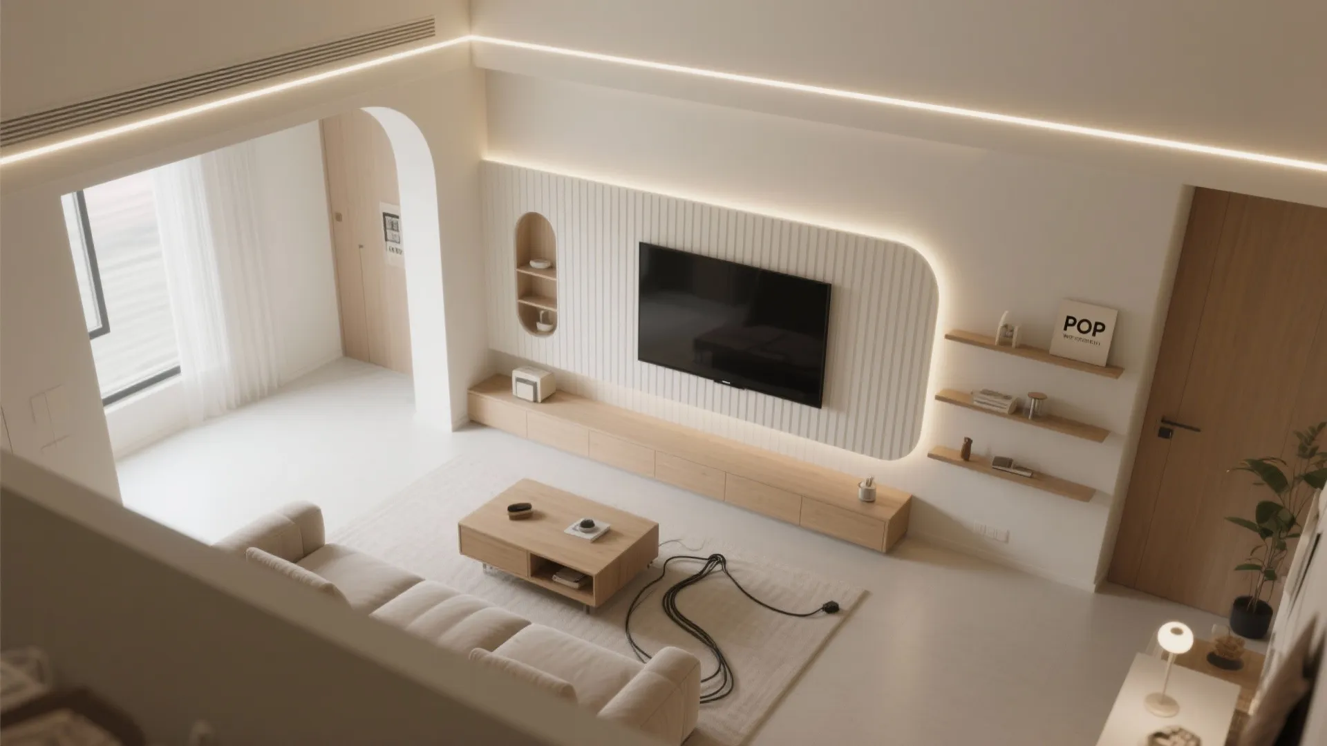Modern cream living room with wooden furniture and wall panel as seen from high angle