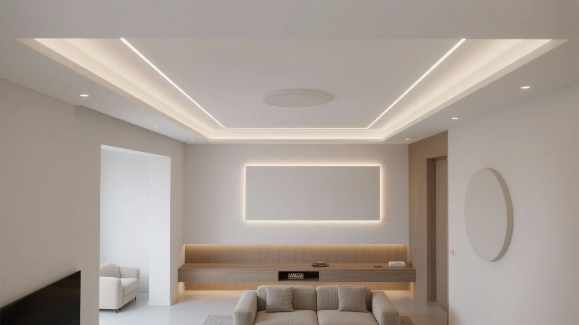 Modern living room with a white sofa wooden wall cabinet recessed ceiling light and neutral colors
