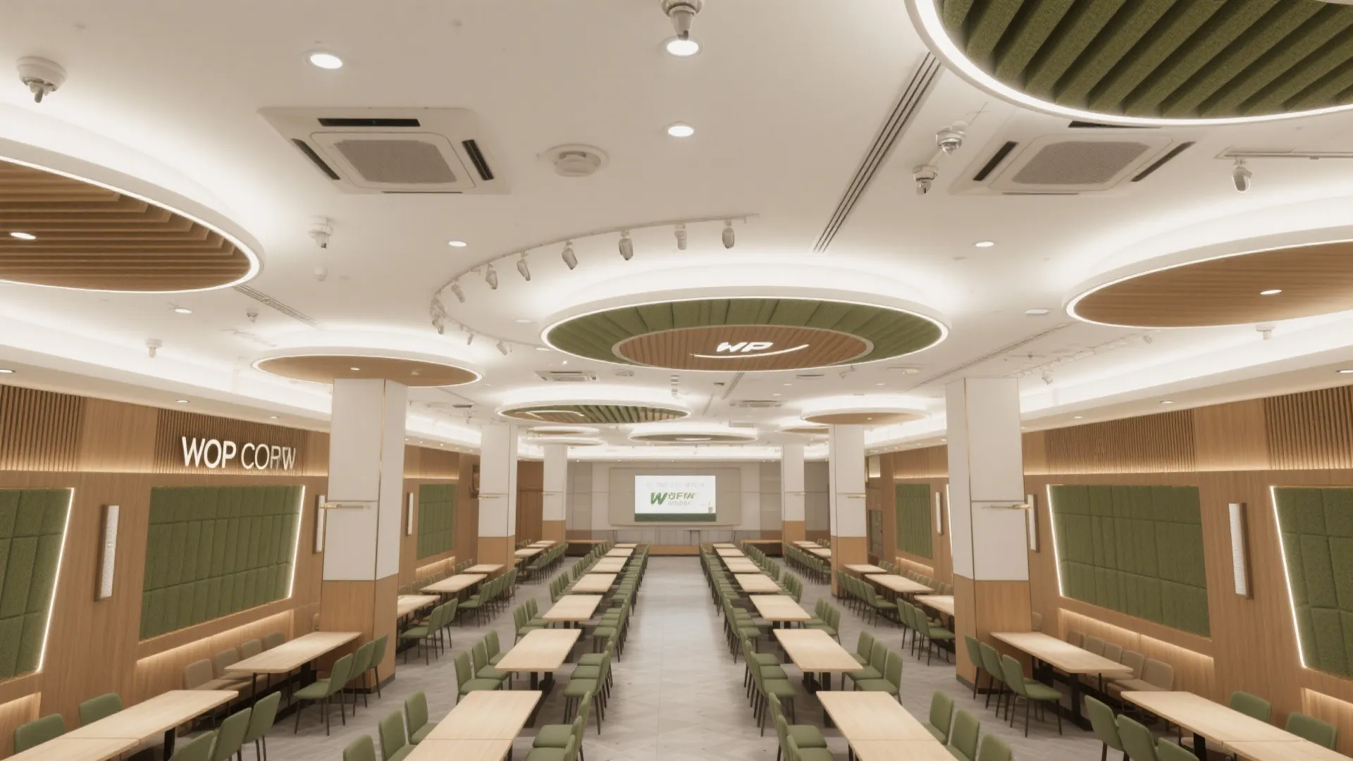 Large meeting hall interior design with wood wall panels green seating rows and circular ceiling lights
