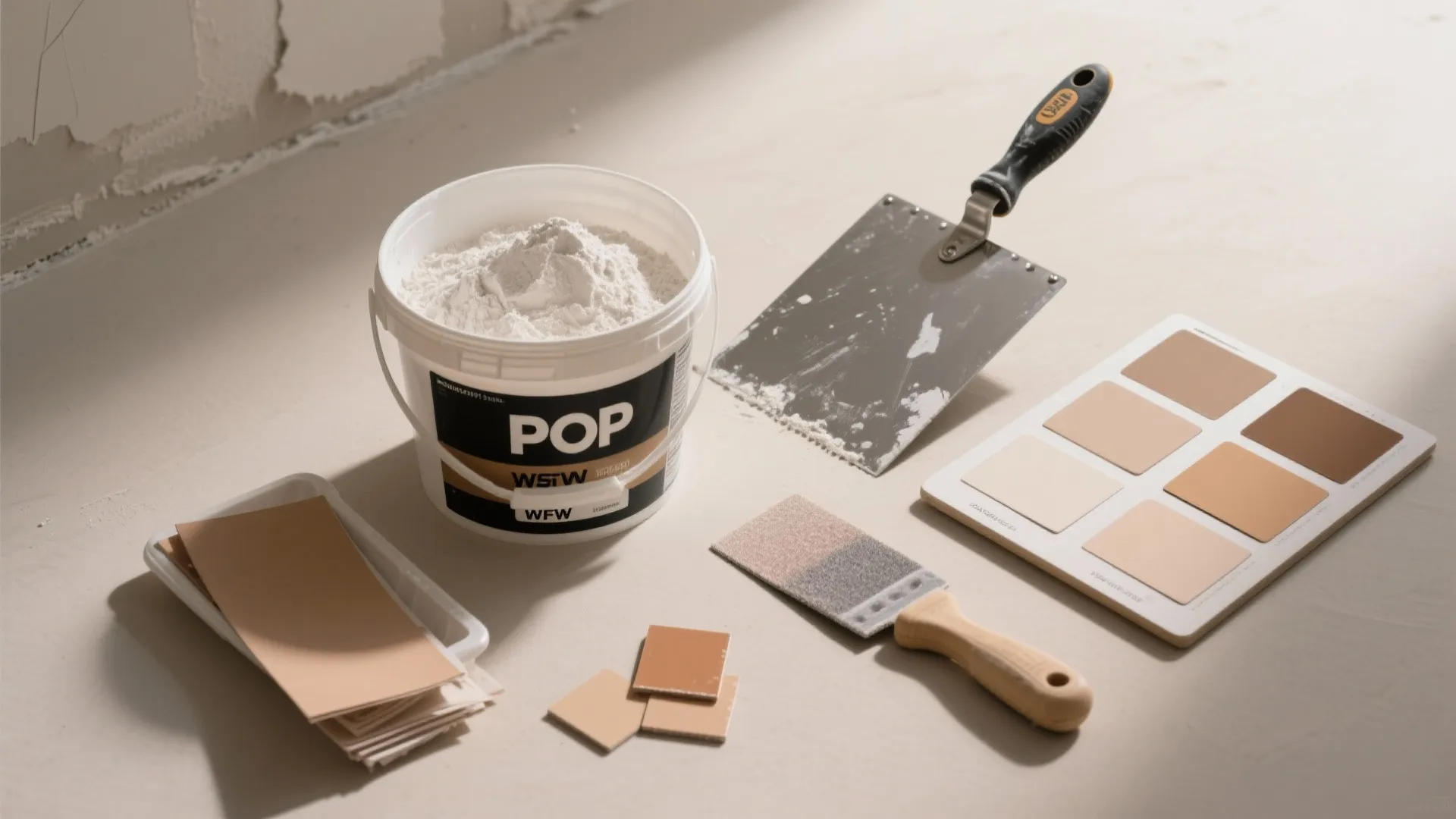 White bucket of wall plaster with metal spreader brush and brown color samples on floor