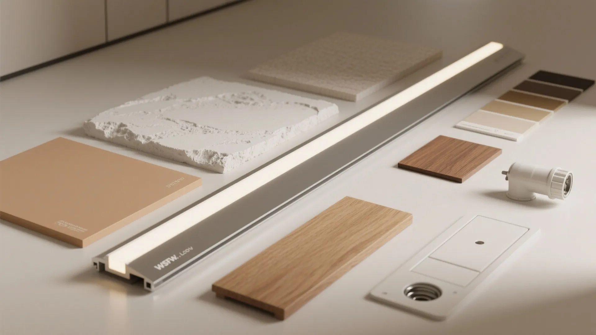 Interior design material board with wood samples stone textures color swatches and a light fixture