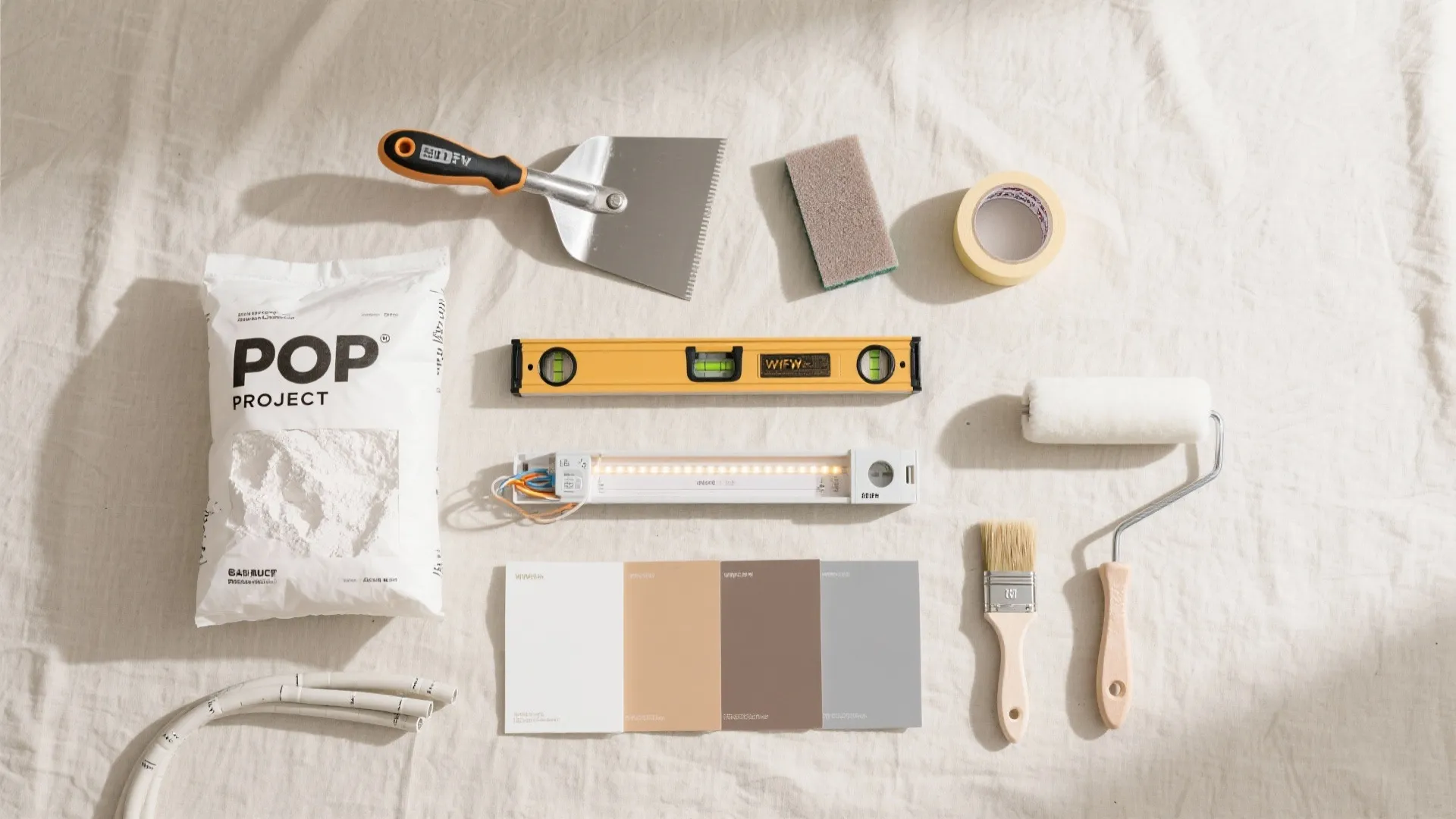 Home renovation tools including paint roller brush level tape scraper and color samples on white cloth