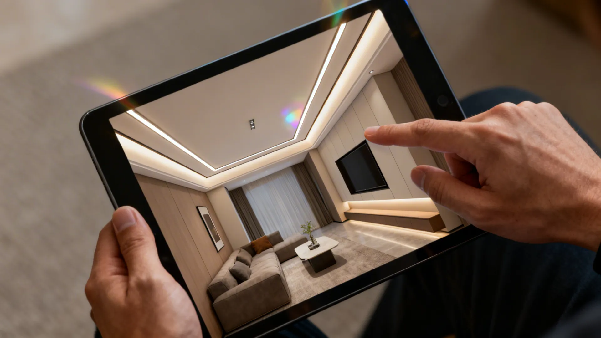 Top-down view of a tablet showing 3D floor plan and POP ceiling mockup