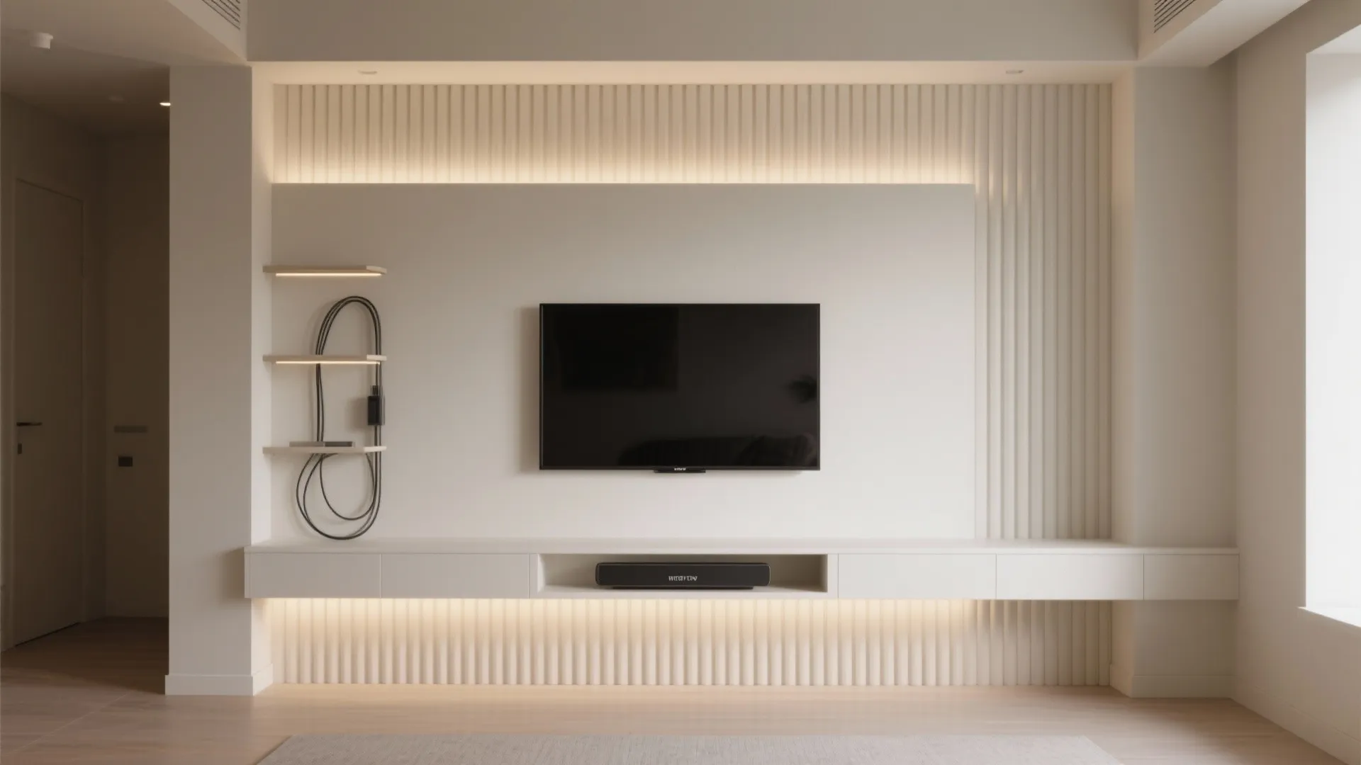 Modern white tv wall with fluted panels light strips black television and floating storage cabinet