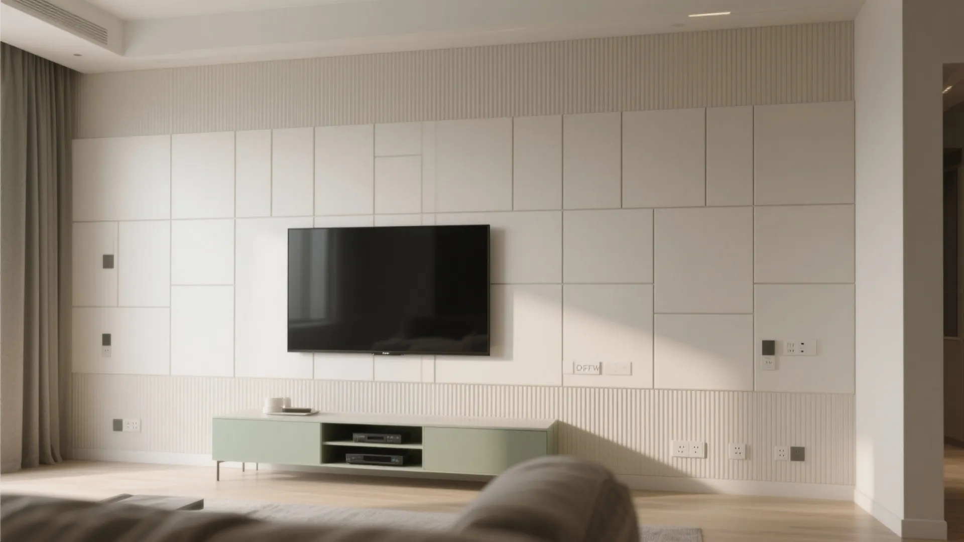 Modern living room featuring a wall mounted television on a white textured wall panel background
