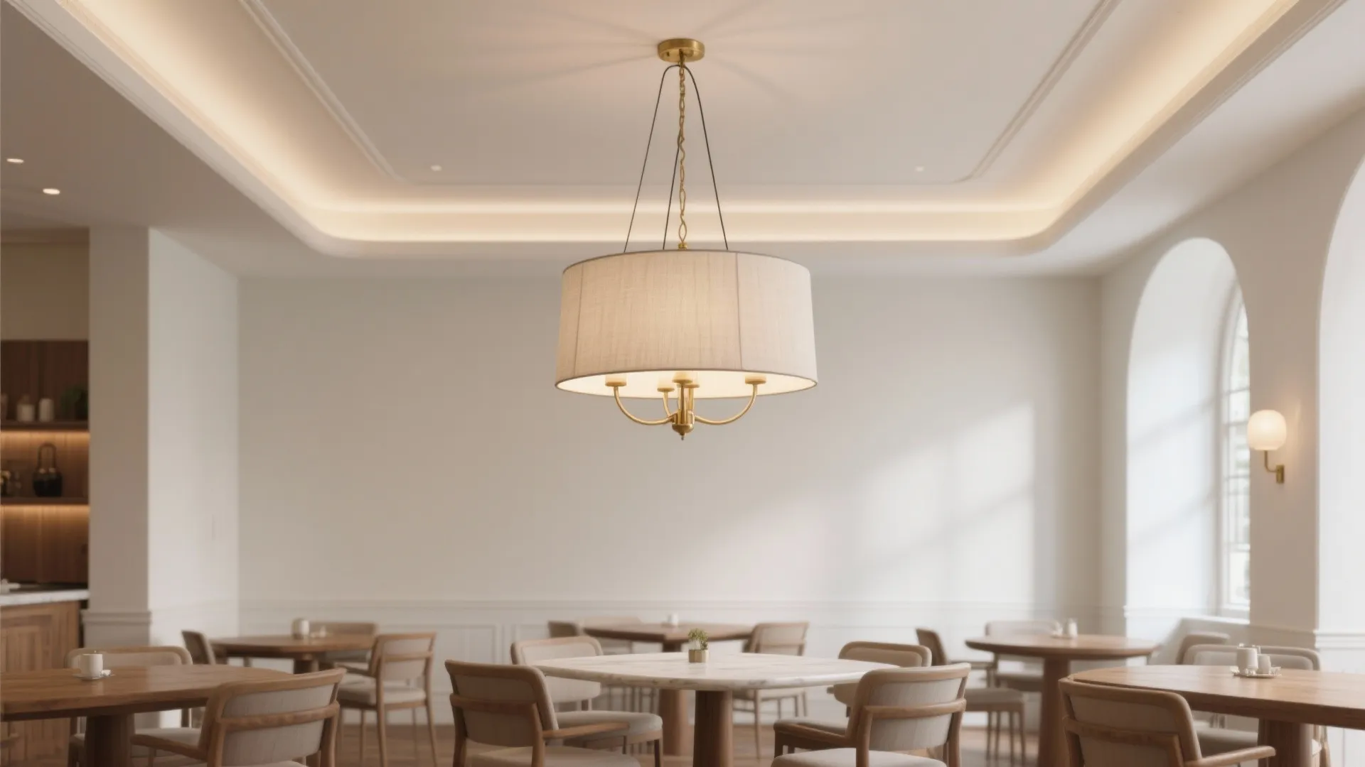 Bright dining area with large ceiling light wooden tables and chairs under a white ceiling