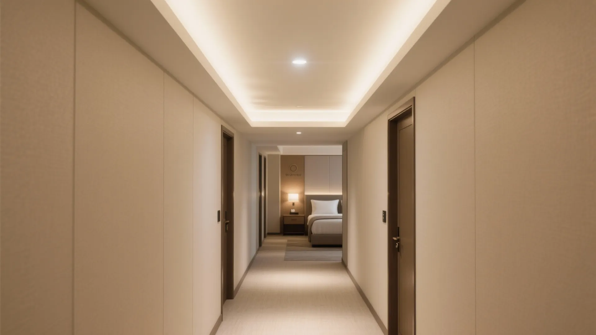 Long narrow hallway with warm ceiling light leading towards a bedroom with a large bed