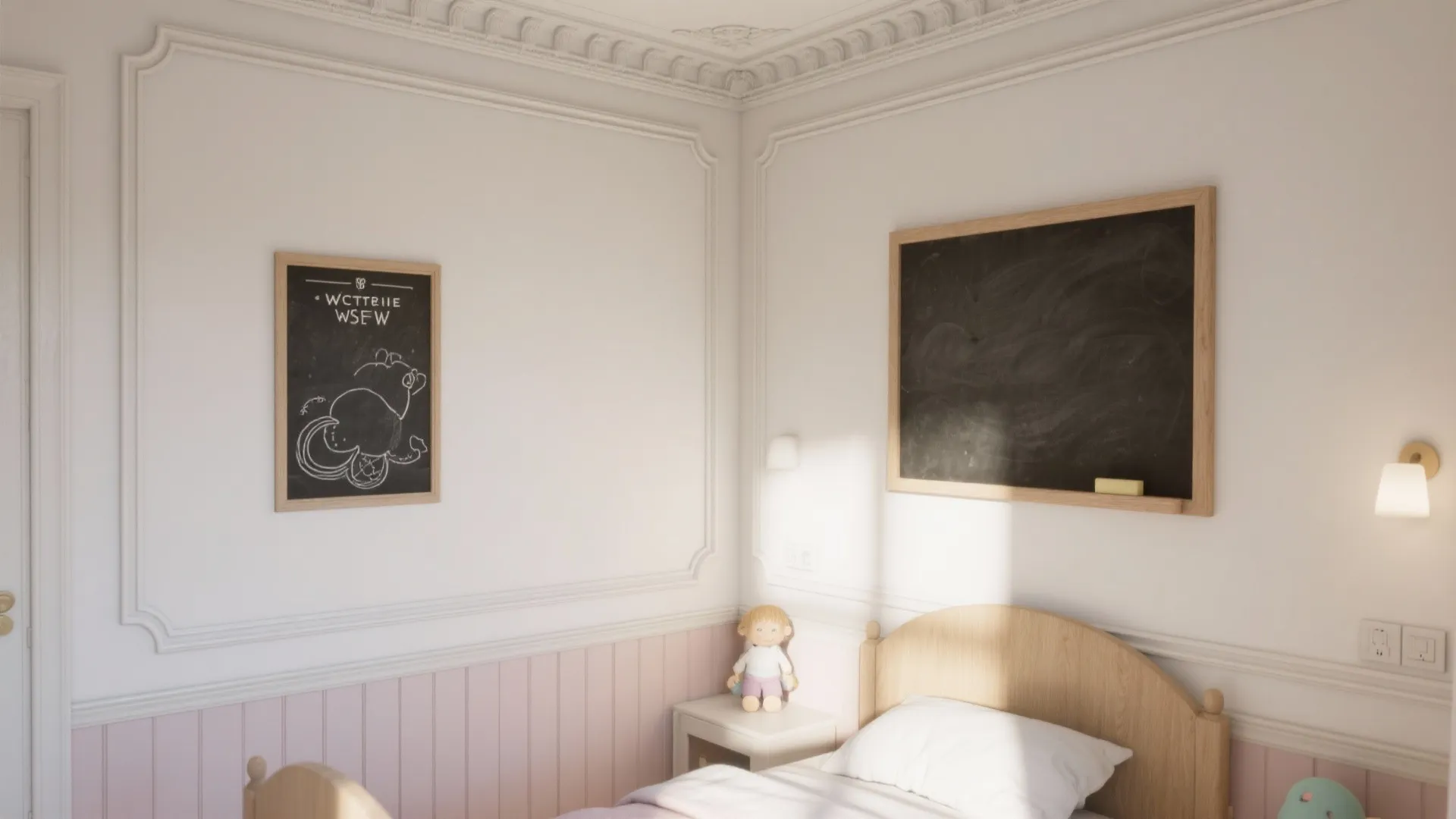 Kids bedroom featuring white walls with wall panel design wooden bed and two small blackboards