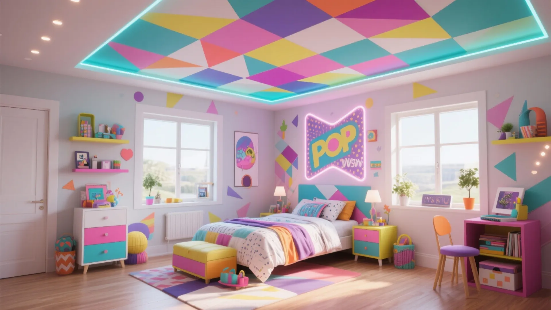 Colorful kids bedroom with geometric pattern ceiling light neon wall sign bed and bright furniture