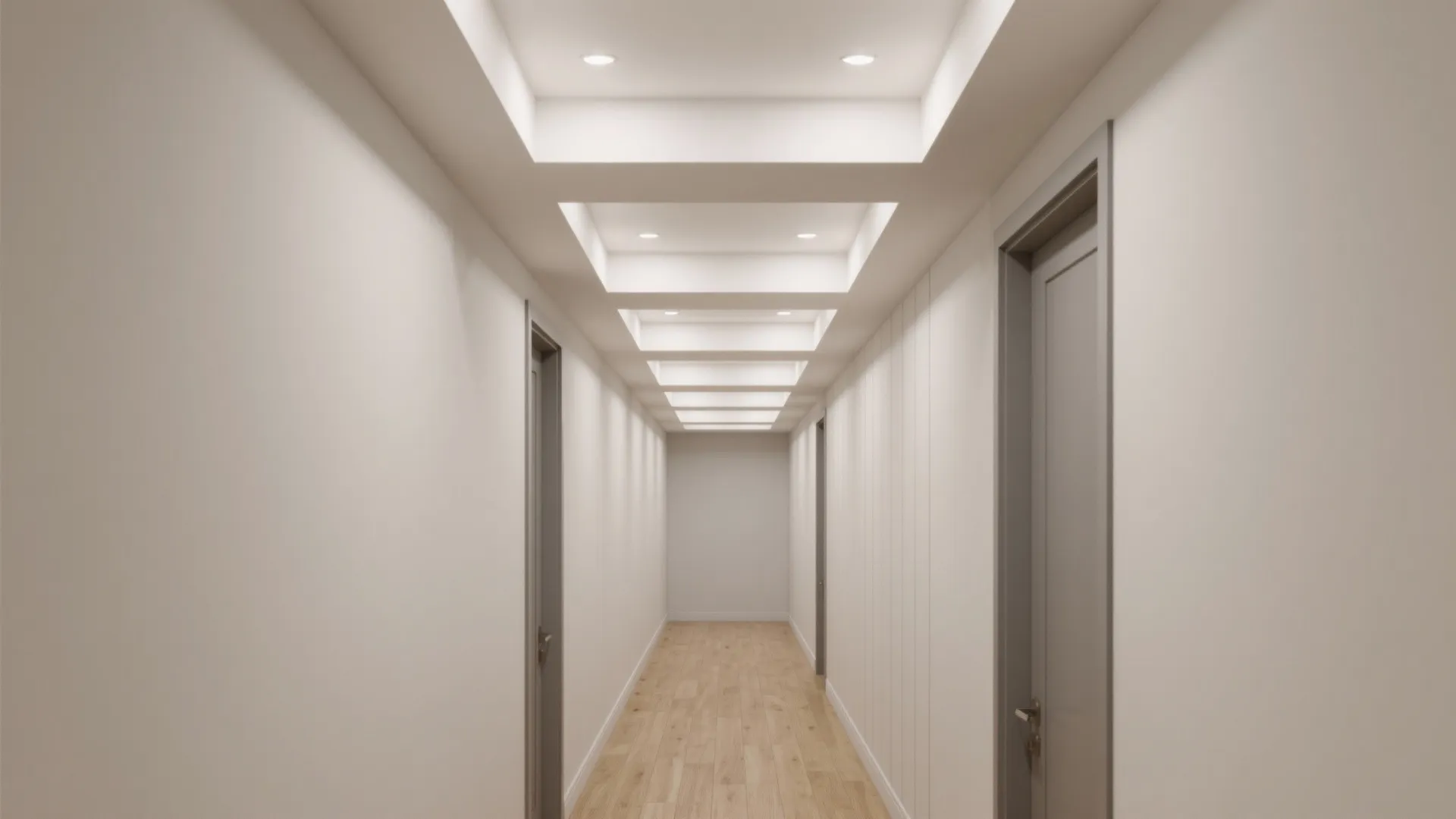 Minimalist hallway with geometric ceiling lights and white walls alongside wooden flooring and grey doors