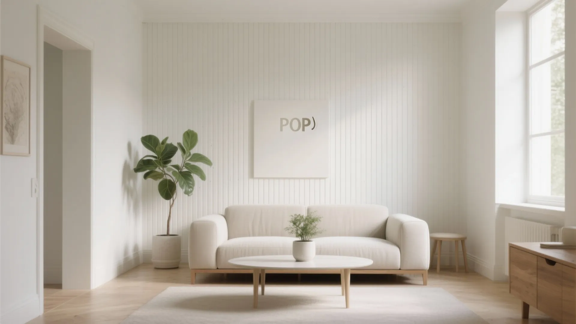 Modern living room with white sofa coffee table green plant wall panel and natural light