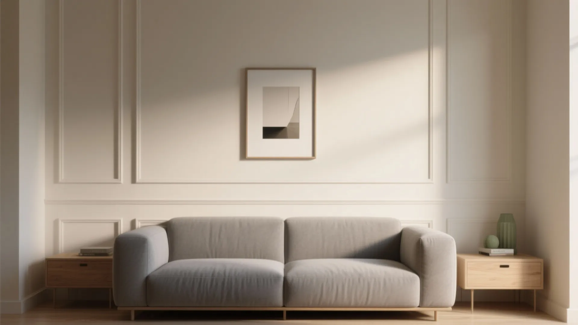 Minimalist living room with grey sofa white wall panel picture frame and two wooden cabinets