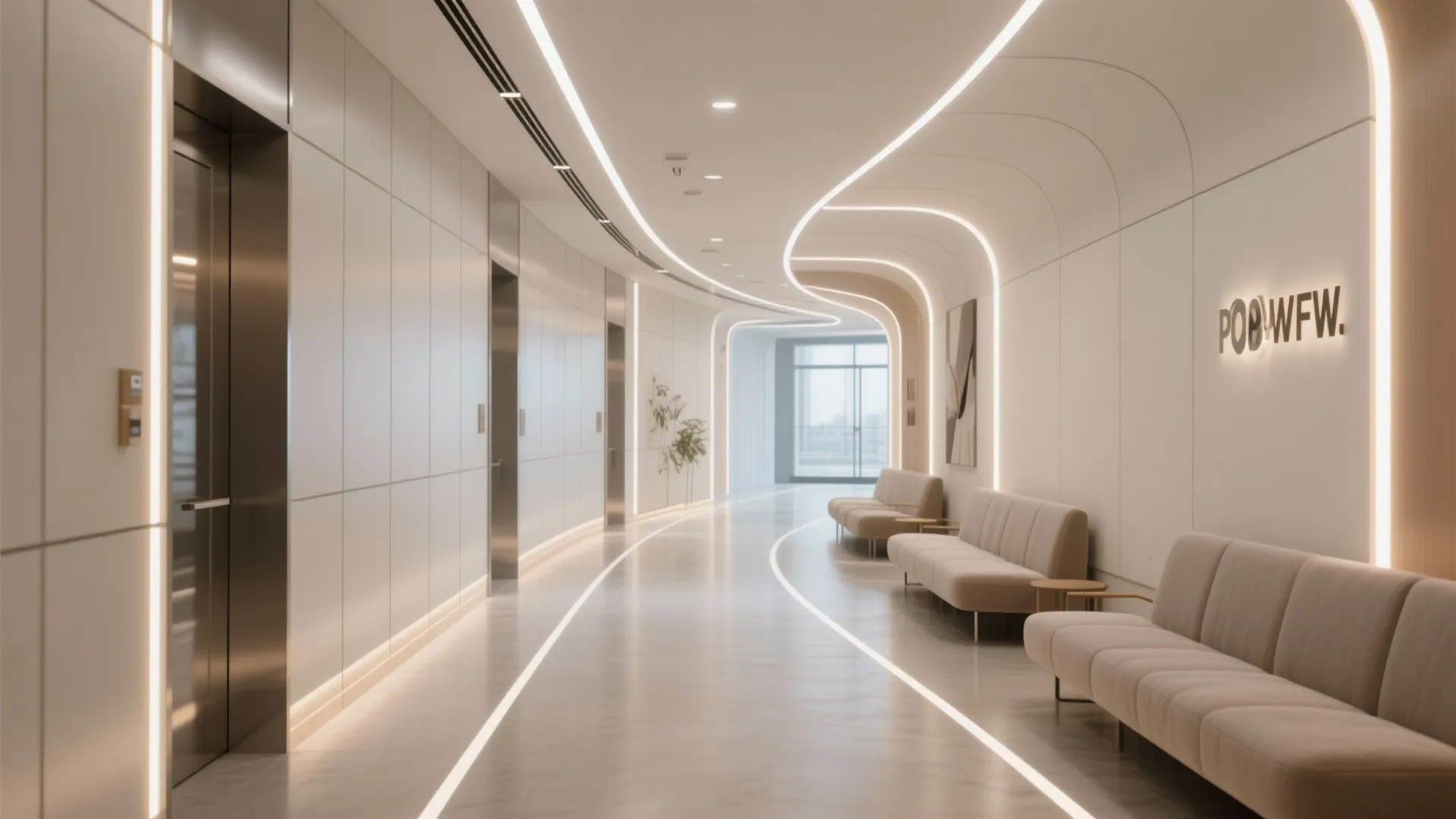 Hall with POP and gypsum hybrid ceiling featuring linear LED channels and zoned lighting.