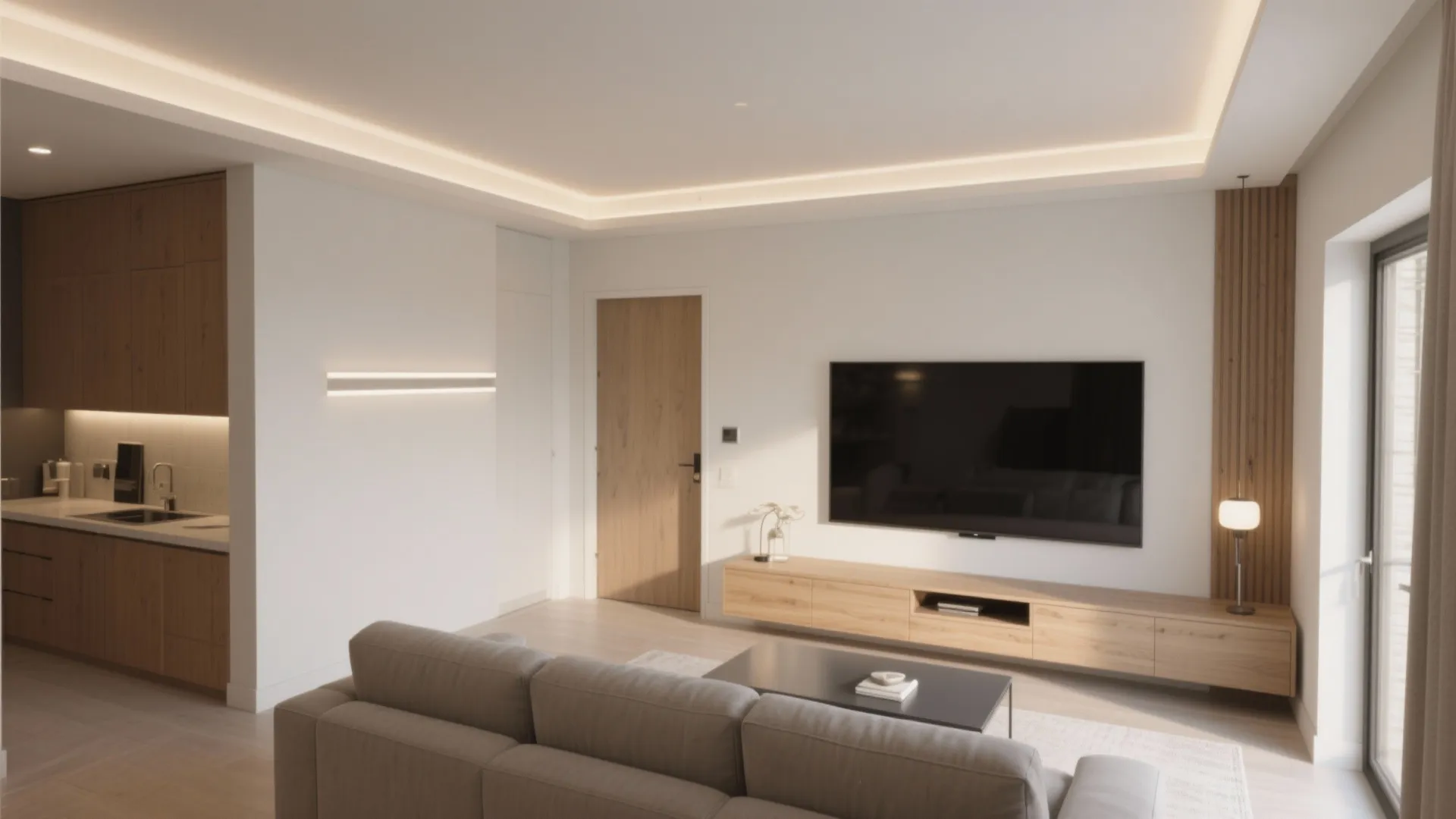 Modern open plan living room with grey sofa wooden cabinet television and warm light fixture