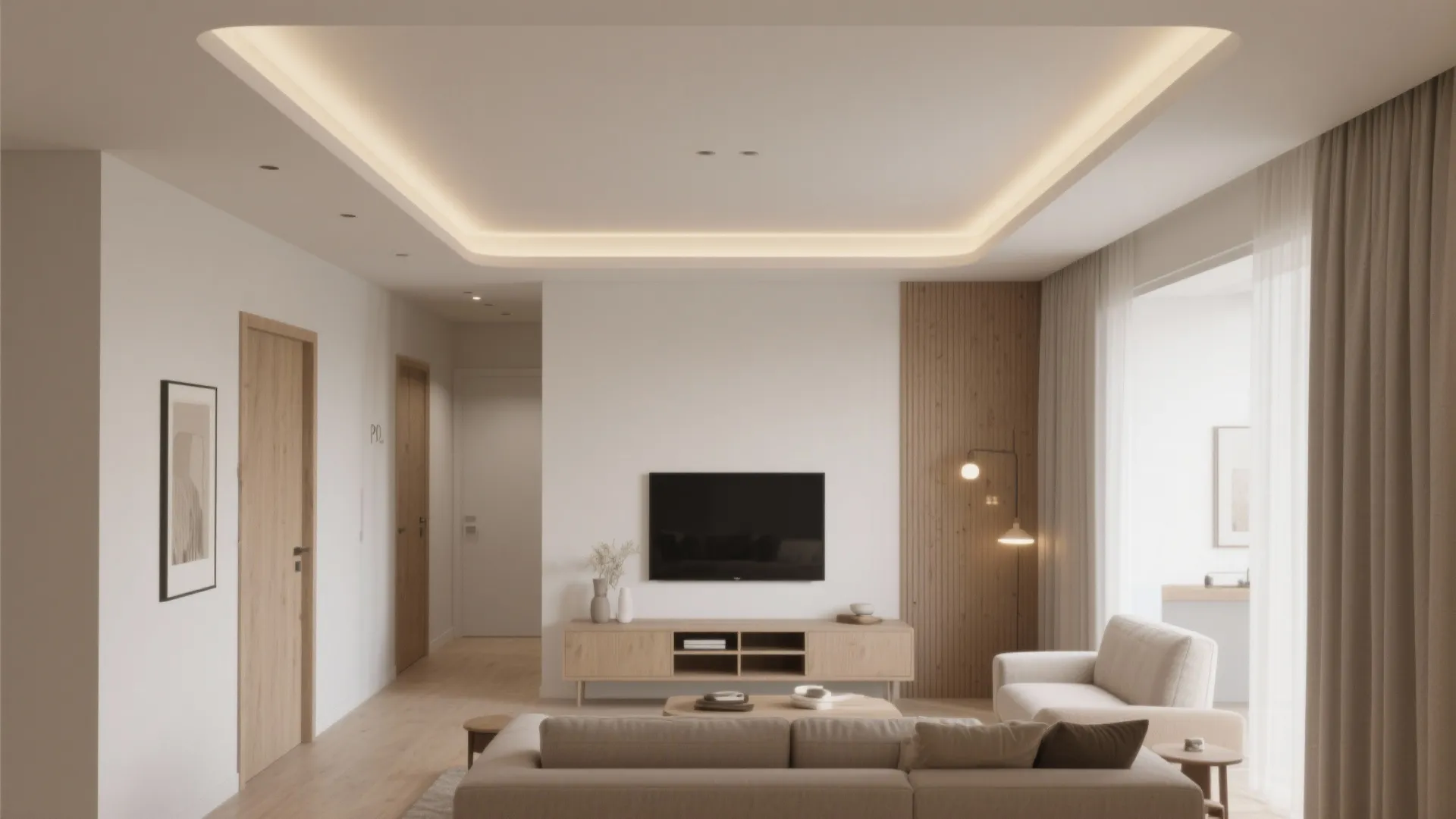 Modern living room with sofa, wooden cabinet, wall panel, television, and warm hidden ceiling light