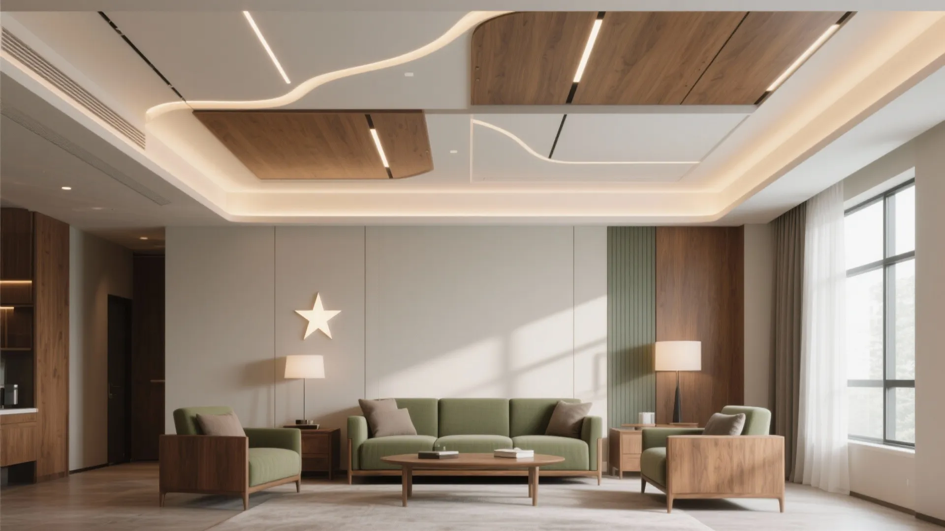 Modern living room with green sofa wooden coffee table armchairs ceiling light panels and windows