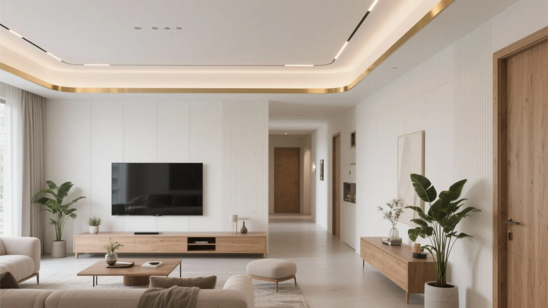 Modern living room featuring white wall panel design wood cabinet ceiling light and green potted plants
