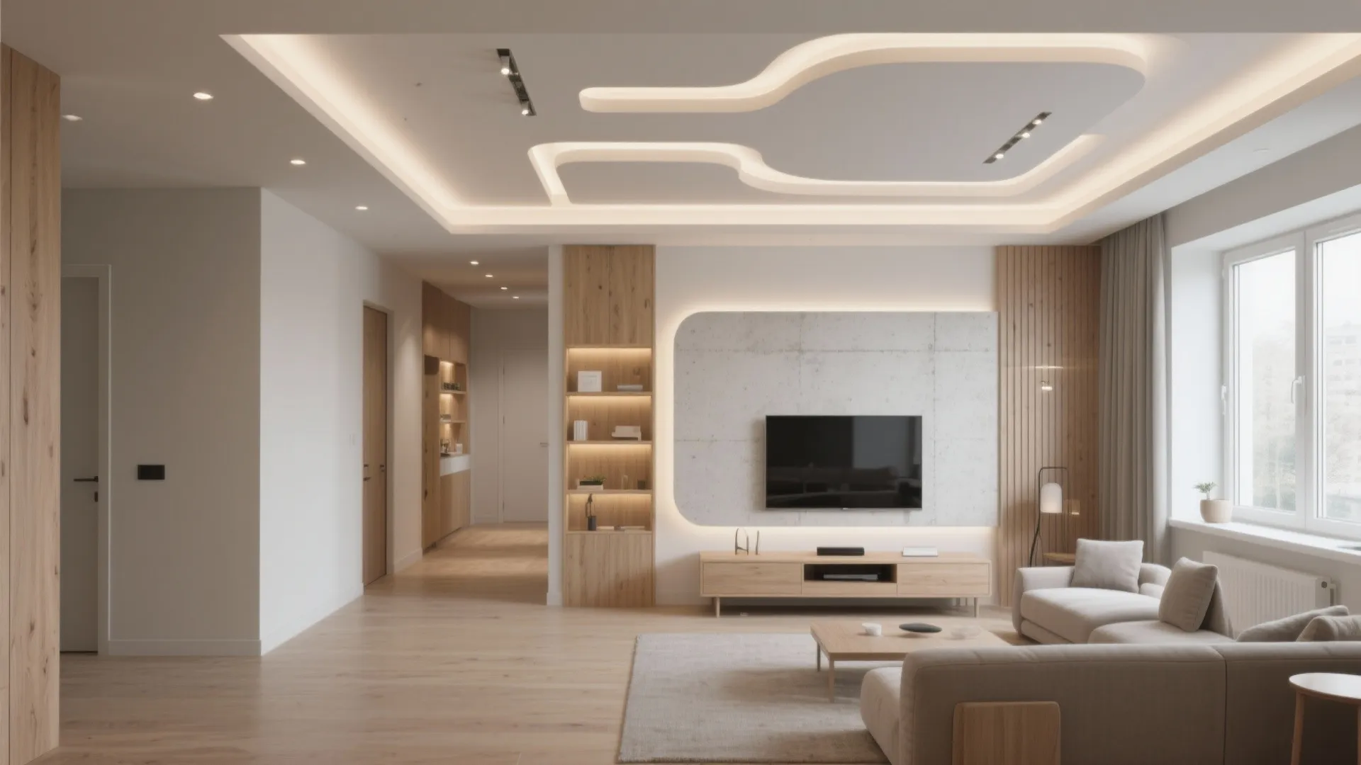 Modern living room with beige sofa wood wall panel television and unique curved hidden ceiling light