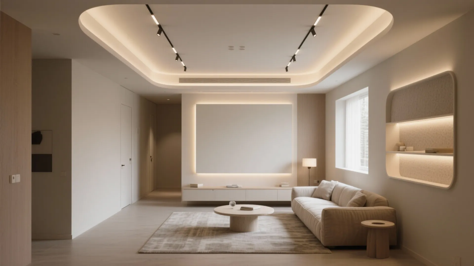 Minimalist living room with beige sofa white walls warm glowing lights and a round table