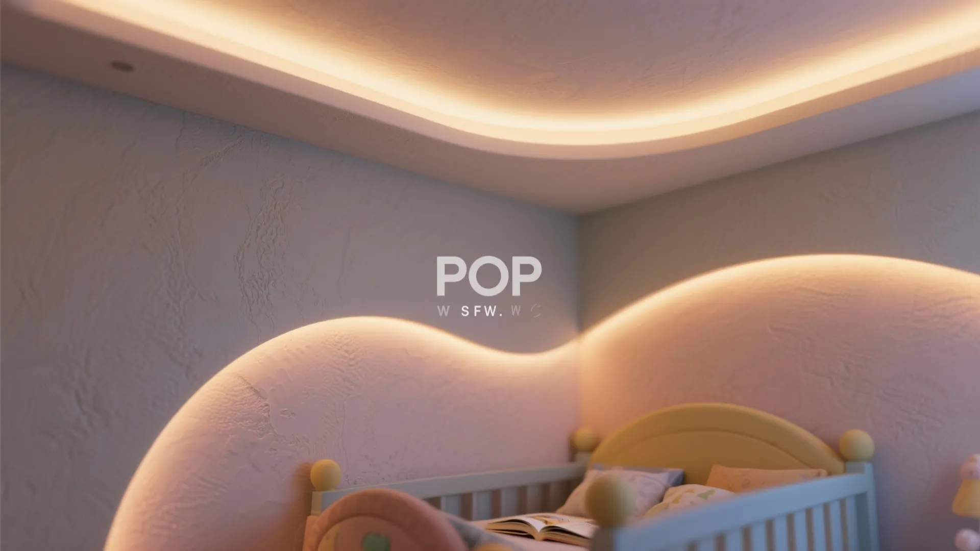 Modern kids bedroom with curved hidden ceiling lights and warm wall lighting behind a bed