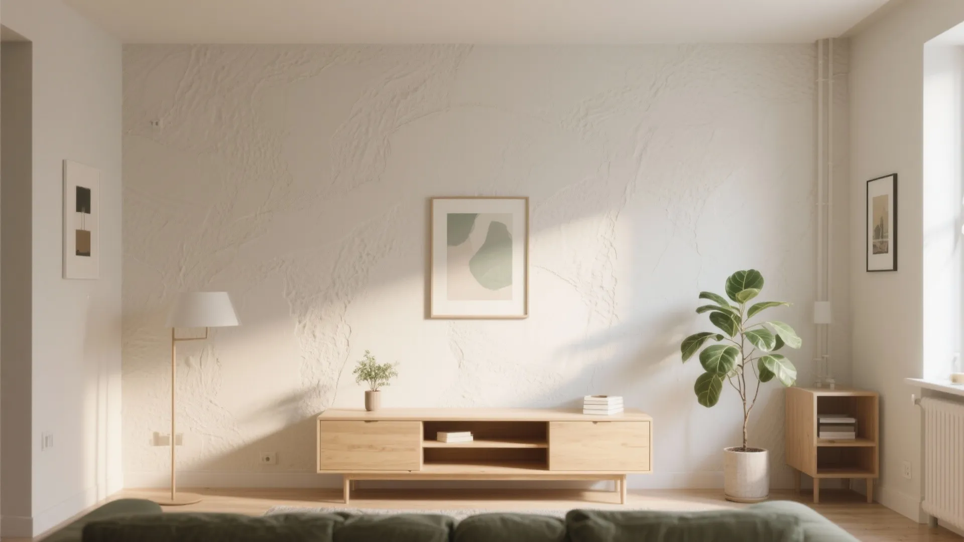 Bright living room with textured white wall wooden cabinet green potted plant and floor lamp