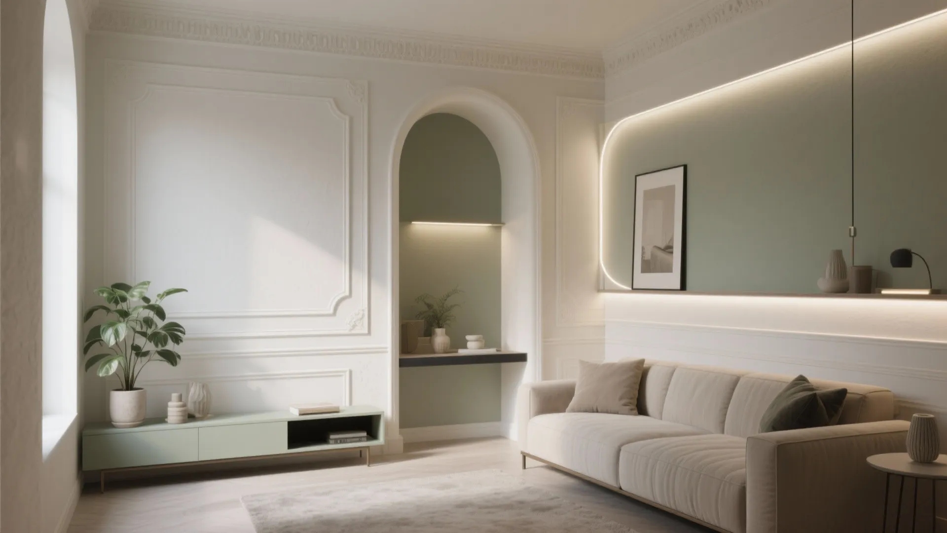 Modern living room with cream sofa green arched niche white wall panel and low cabinet