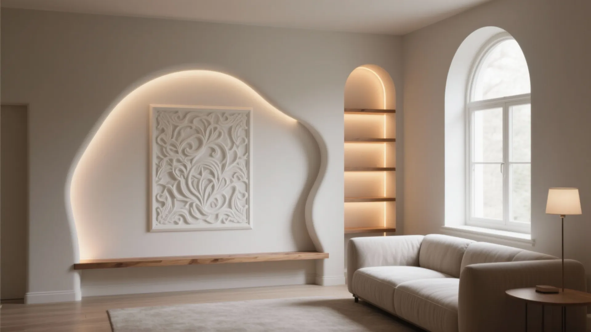 Modern living room with white sofa and creative wall panel design featuring soft warm lighting