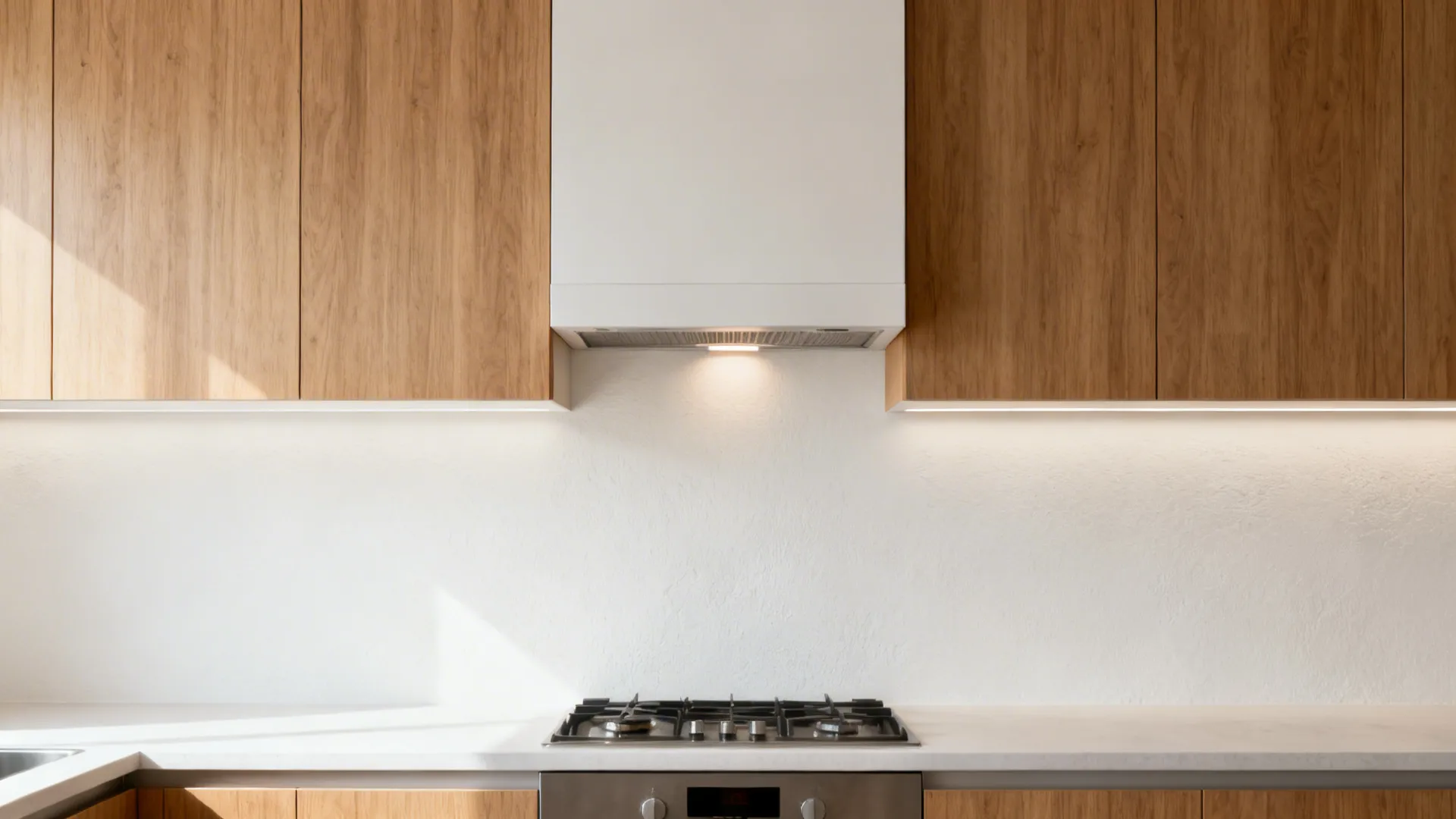 Chimney hood framed by a subtle POP surround with satin washable finish and warm wood cabinets.
