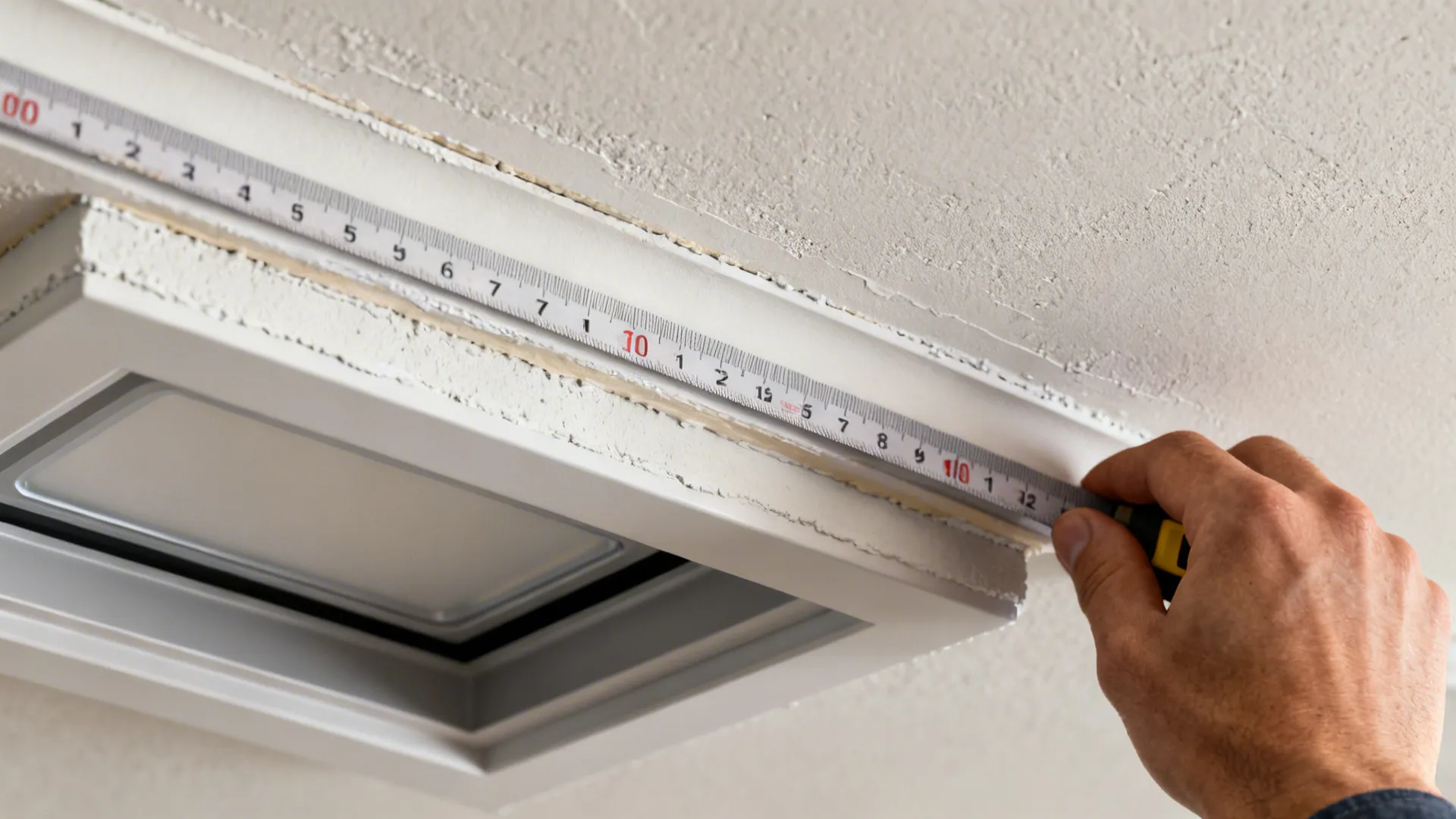 Close-up of POP ceiling edge and recessed light housing with sealed joint illustrating proper installation.