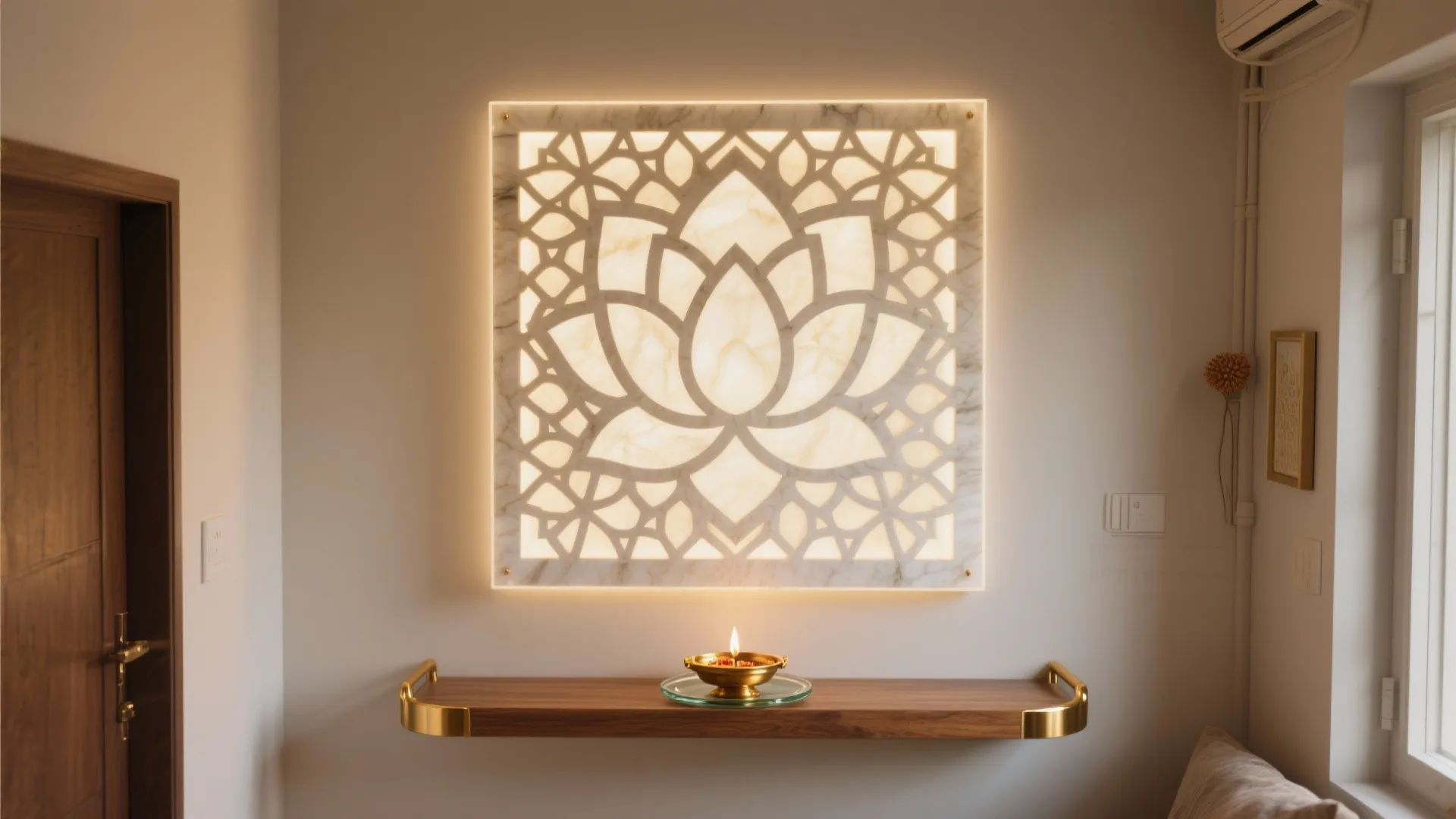 Lotus pattern wall light panel above a wooden shelf with a small gold oil lamp