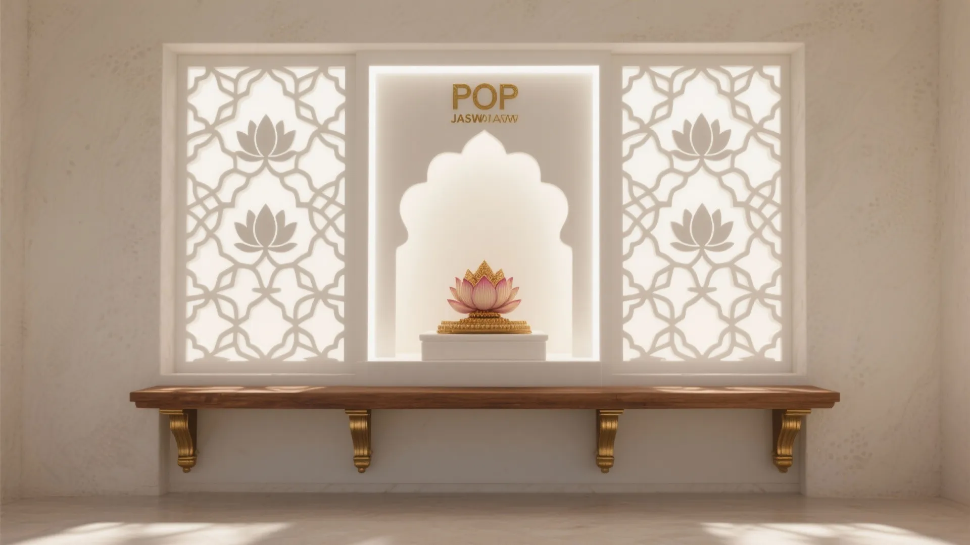 Backlit wall panel with lotus flower patterns central niche lotus sculpture and long wooden shelf