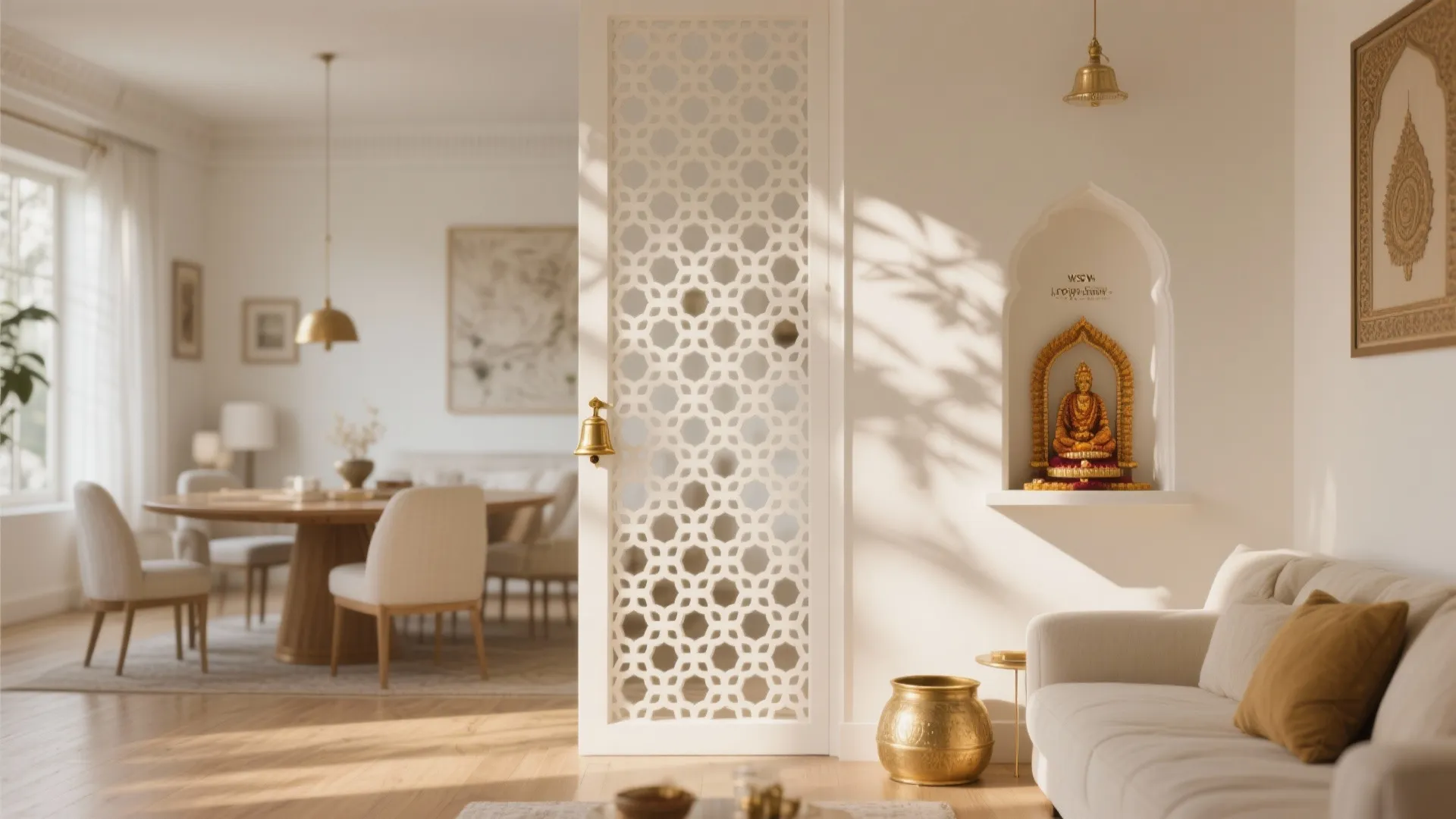 Delicate POP Jaali Partition with Brass Accents