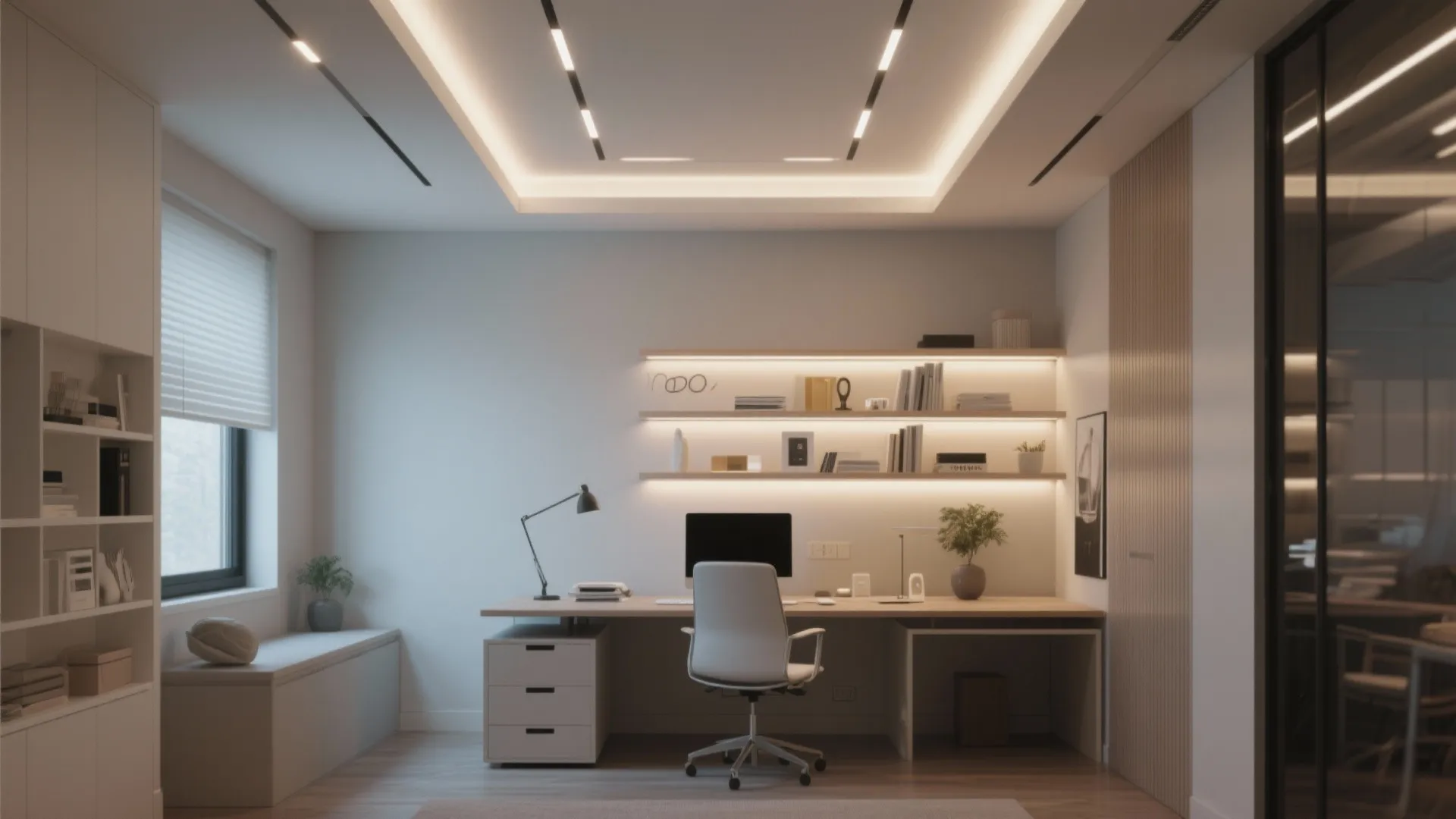 Modern home office with wooden desk white chair wall shelves and bright led recessed ceiling